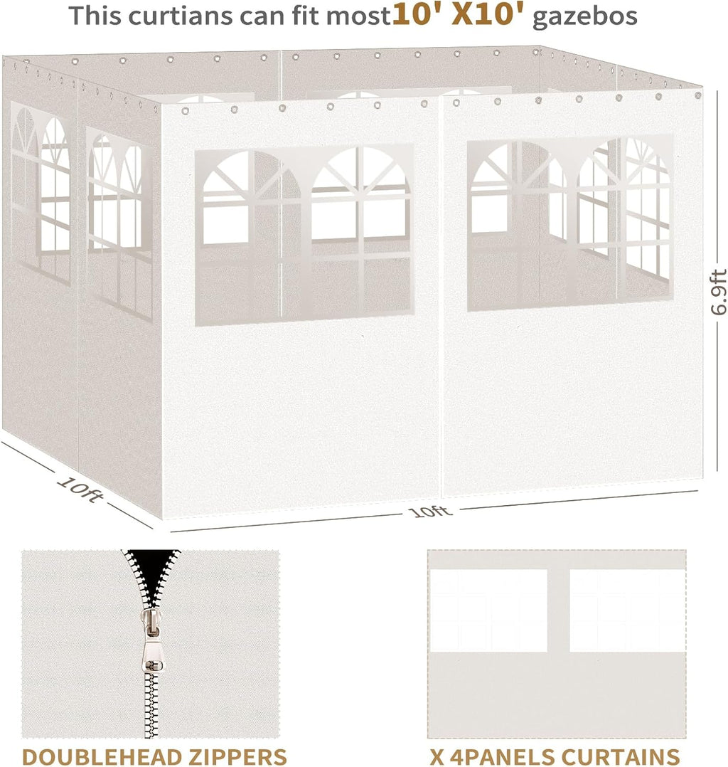 Gazebo Privacy Curtains 10' x 10' with PVC Windows, 4-Panels Side Wall with Zipper Universal Replacement for Patio, Outdoor Canopy, Garden and Backyard, Beige