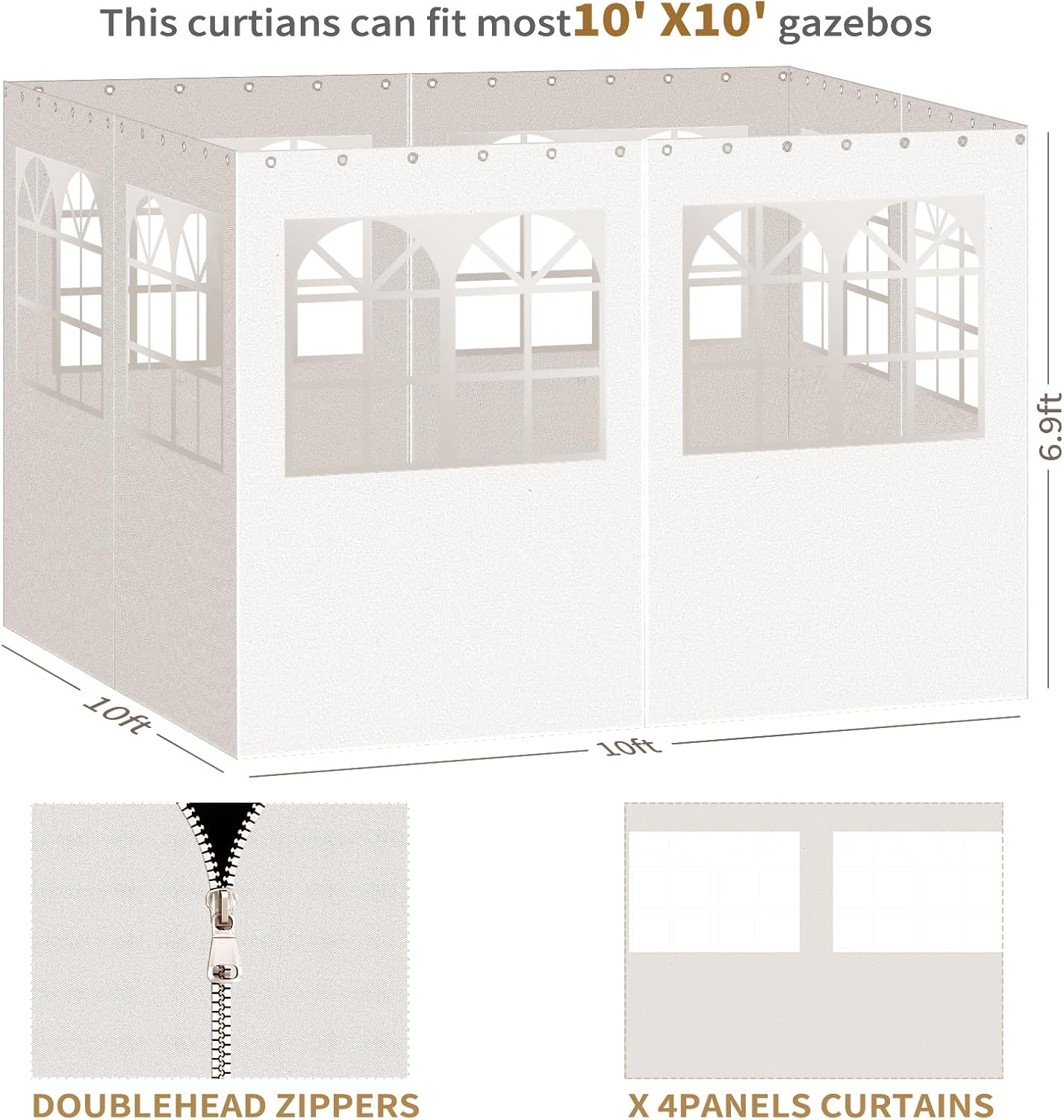 Gazebo Privacy Curtains 10' x 10' with PVC Windows, 4-Panels Side Wall with Zipper Universal Replacement for Patio, Outdoor Canopy, Garden and Backyard, Beige