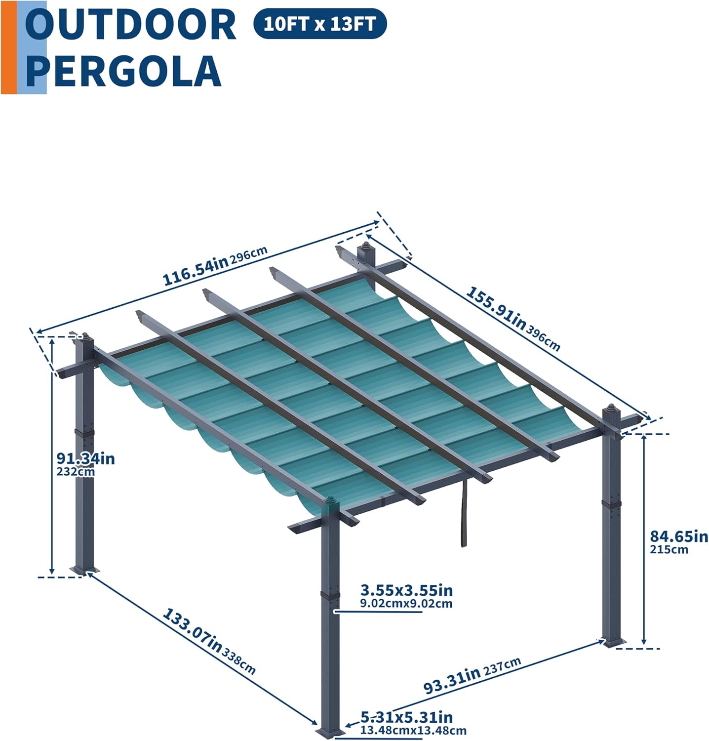 GAOMON 10x13 Ft Outdoor Aluminum Pergola, Heavy-Duty Patio Pergola with Retractable Canopy Sun Shade Cover, UV-Resistant Metal Gazebo for Existing Deck Backyard Garden Porch, Blue