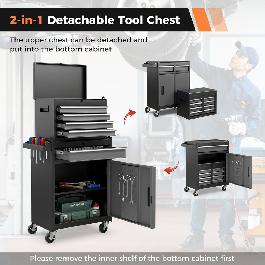 IRONMAX Rolling Tool Chest, 5-Drawer Lockable Tool Cabinet w/Adjustable Shelf & 4 Universal Wheels, 2 in 1 Detachable Tool Box Storage Organizer for Garage Workshop Repair Shop, Grey