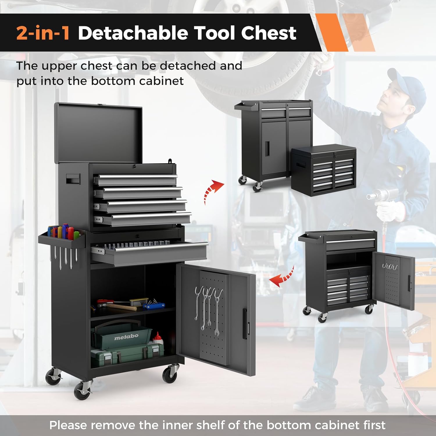 IRONMAX Rolling Tool Chest, 5-Drawer Lockable Tool Cabinet w/Adjustable Shelf & 4 Universal Wheels, 2 in 1 Detachable Tool Box Storage Organizer for Garage Workshop Repair Shop, Grey