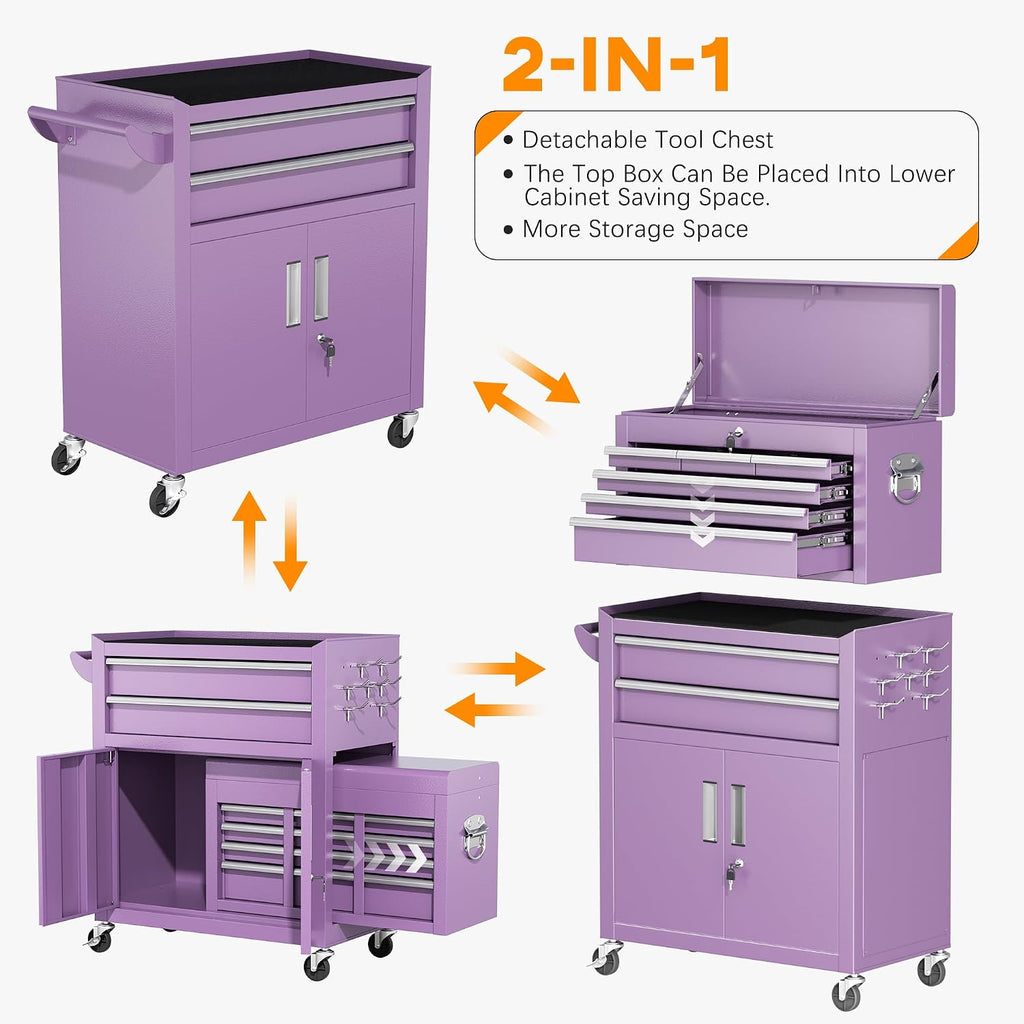 INTERGREAT Tool Chest, Assembled 8-Drawers Rolling Tool Chest with Wheels, Detachable Top Tool Box, Tool Cabinet for Repair Room,Warehouse, Rolling Tool Box with Hooks,Tray Divider,Liners(Purple)
