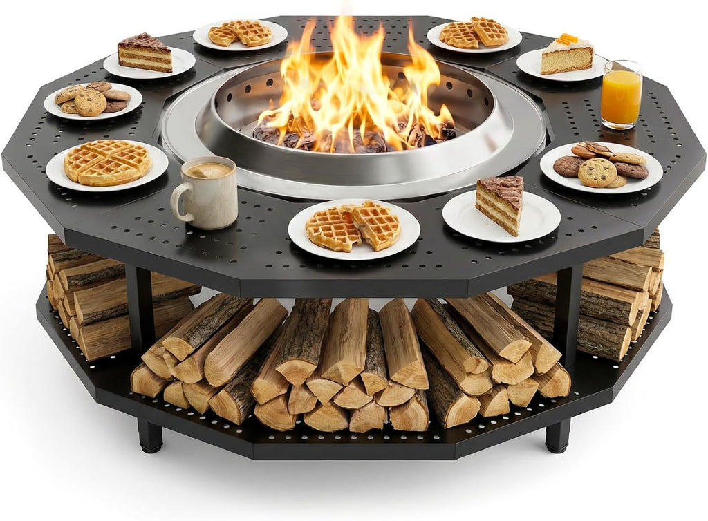 41' Fire Pit Surround Tabletop for Solo Stove Bonfire and Ranger Portable Protective Barrier for Wood Burning Fire Pits Outdoor Bonfire Fire Pit with Firewood Storage Shelf