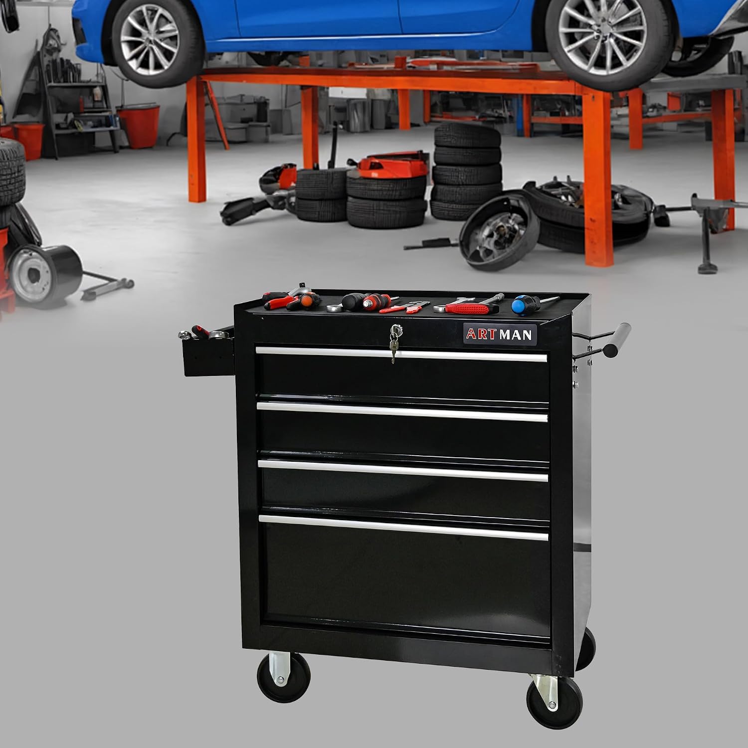 Aokleo 4 Drawers Tool Cart on Wheels, 4 Drawer Rolling Tool Chest with Key Lock, Trolley Organizer Tool Case, Multifunctional Rolling Tool Box for Garage,Warehouse,Workshop,Repair Shop (Black)