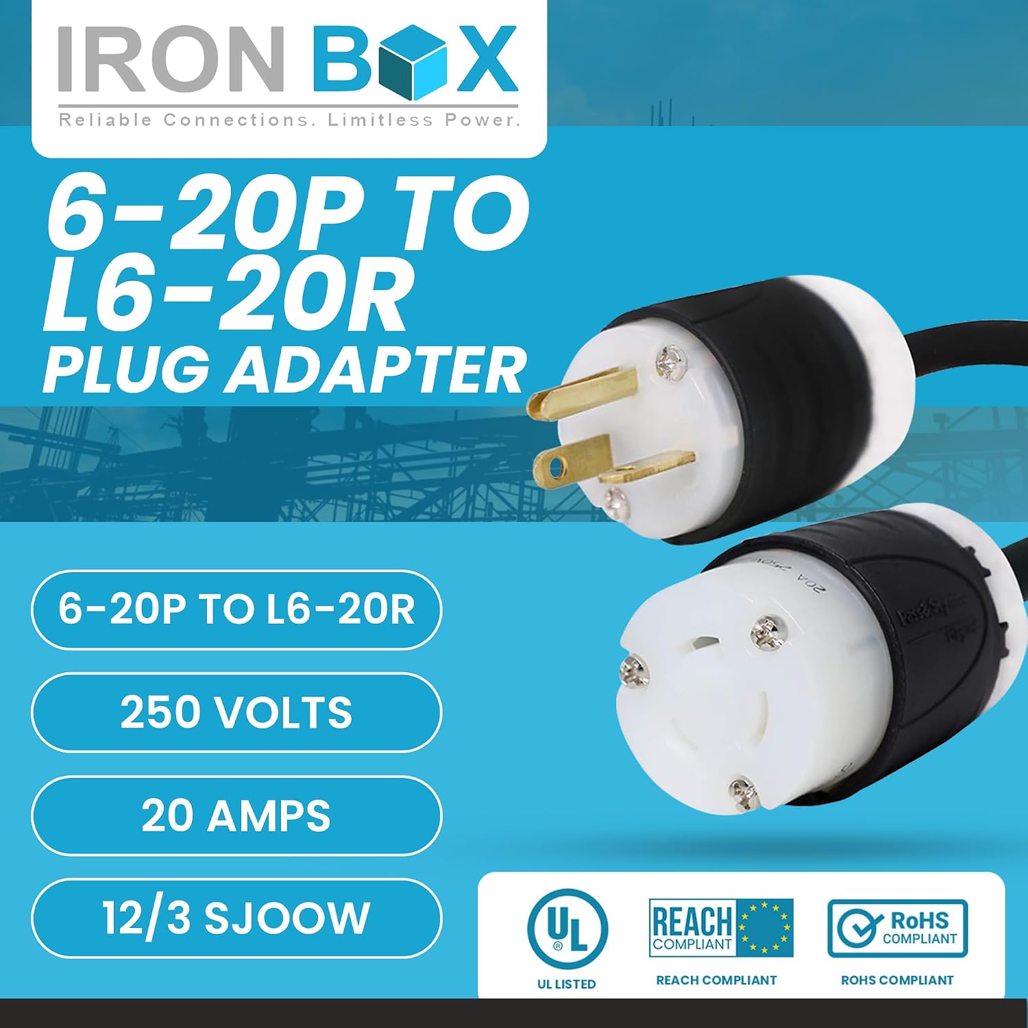 IronBox Electric 6-20P to L6-20R Plug Adapter Power Cord - 20A,250V, 12/3 SJOOW- UL Listed Power Cord Extension Cable - Heavy Duty Plug and Connector for Generator, Data Centers & More (100ft, Build)