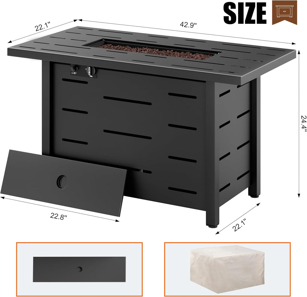 Walsunny 43 inch Outdoor Propane Fire Pit 50,000 BTU Gas Fire Pit Table with Lid, Waterproof Cover, Rectangle Gas Firepit Table for Garden/Patio, CSA Certification