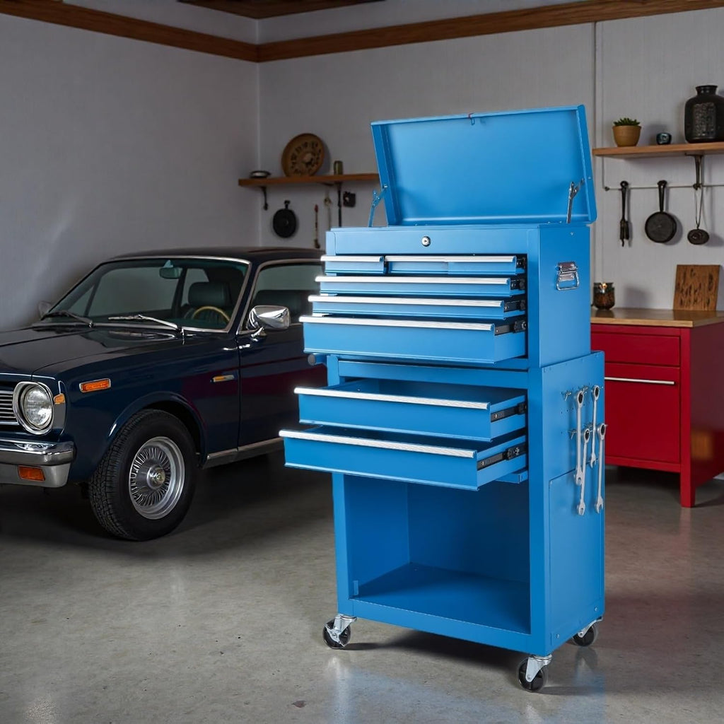Tool Chest, 8-Drawers Rolling Tool Storage Cabinet with 2-in-1 Detachable Tool Box, Liner, Lockable Wheels, Side Hooks, Multifunctional Metal Tool Cart for Garage Workshop, Blue