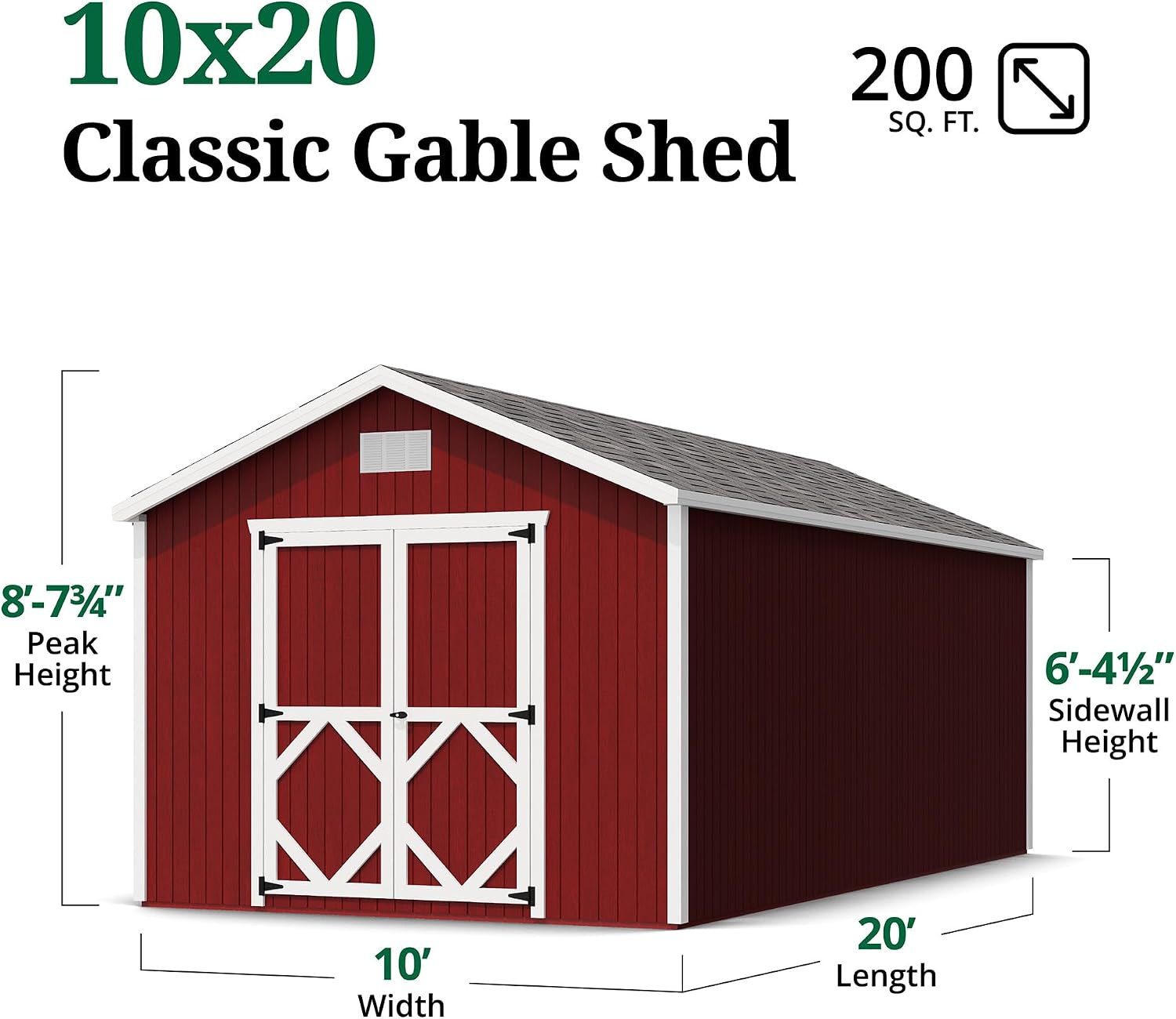 Little Cottage Co. 10x20 Classic Gable Shed with Floor, Outdoor Wood Storage Do-It-Yourself Precut Kit