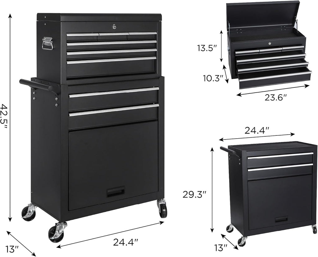 Tool Chest, 8-Drawer Rolling Tool Storage Cabinet with 2 in 1 Detachable Top Tool Box, Liner, Lockable Wheels, Side Hooks, Locking Mechanism, Metal Tool Cart for Garage