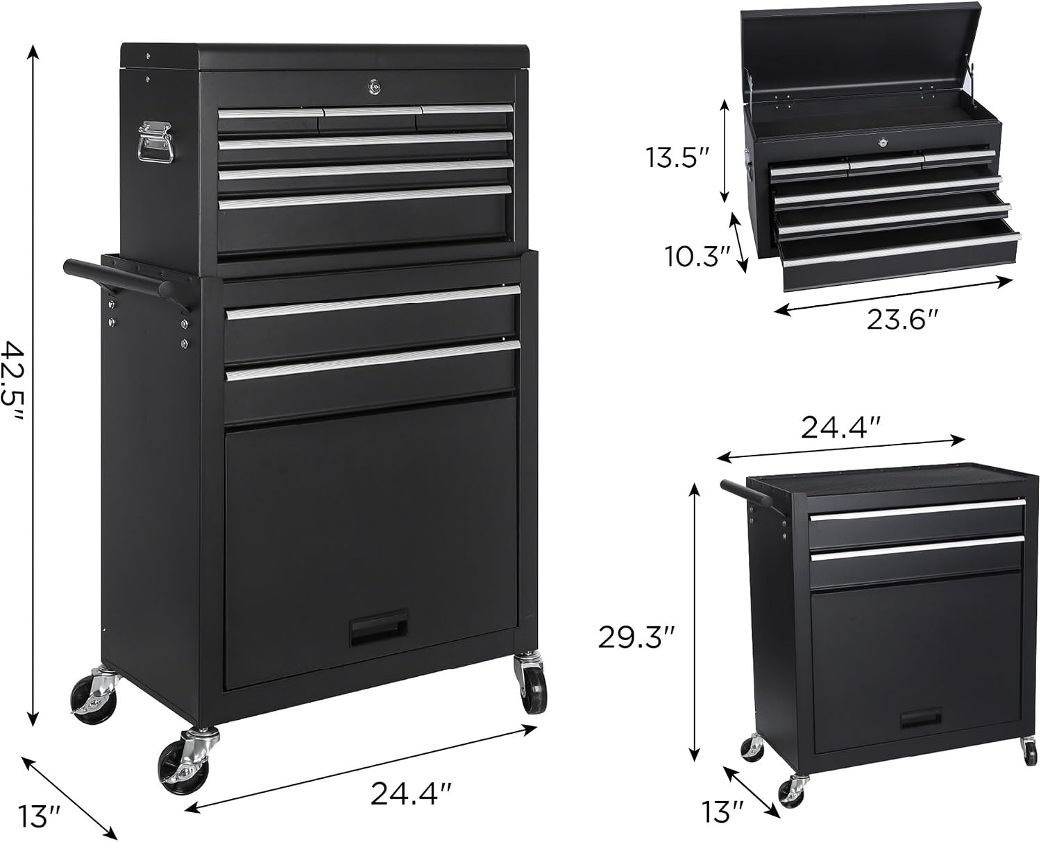 Tool Chest, 8-Drawer Rolling Tool Storage Cabinet with 2 in 1 Detachable Top Tool Box, Liner, Lockable Wheels, Side Hooks, Locking Mechanism, Metal Tool Cart for Garage