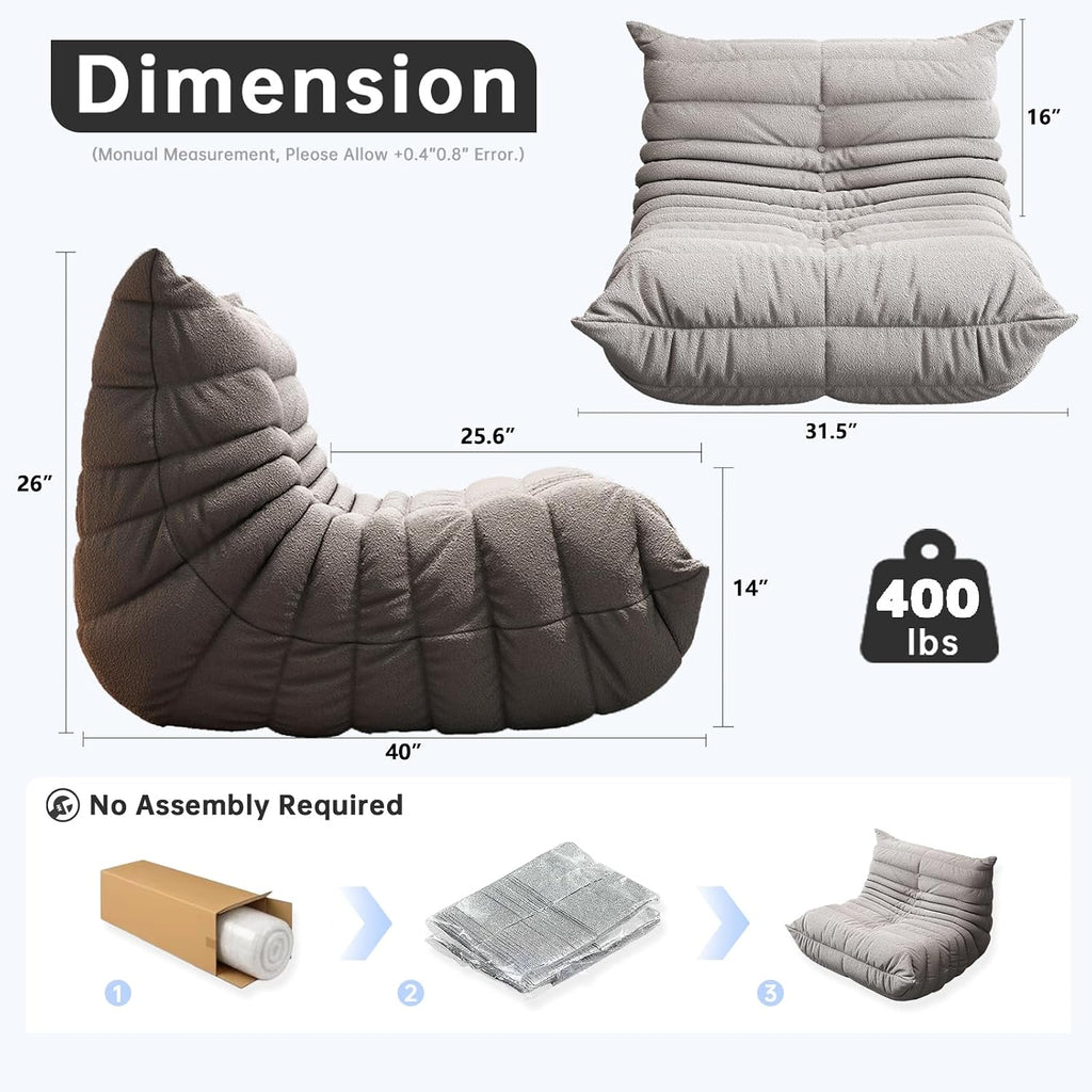 WHGBJA Memory Foam Bean Bag Chair for Adults, Teddy Material Beanbag Sofa with Filler, Cozy Floor Lounge Seat for Living Room, Bedroom, Dorm, Office (Grey)