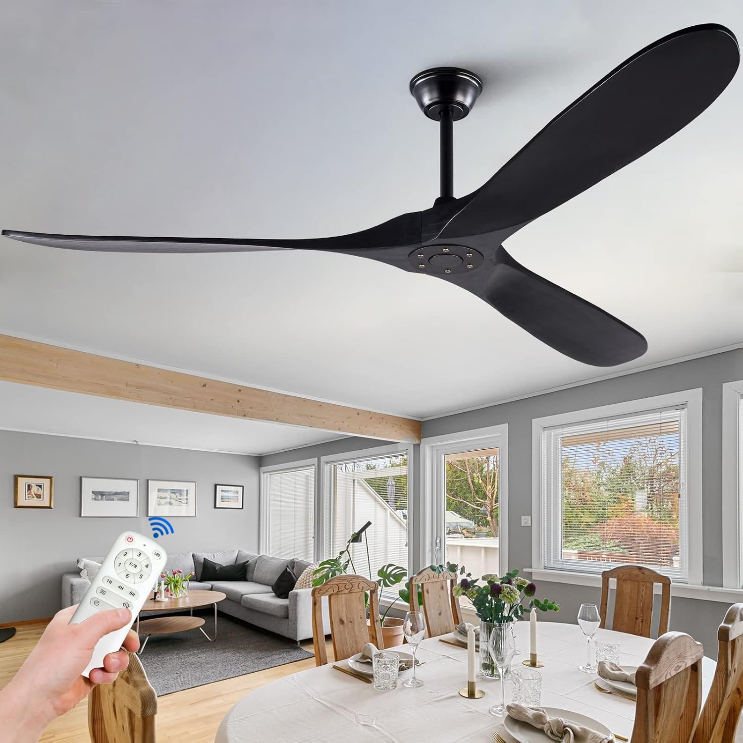 KBZZ 72 inch Modern Ceiling Fan, Wood Blades, Remote Control, Indoor Outdoor, Reversible DC Motor, 30 Decibels, 45W, 3 Speeds, 6 Timer Settings, for Living Room, Bedroom, Patio, Gazebo