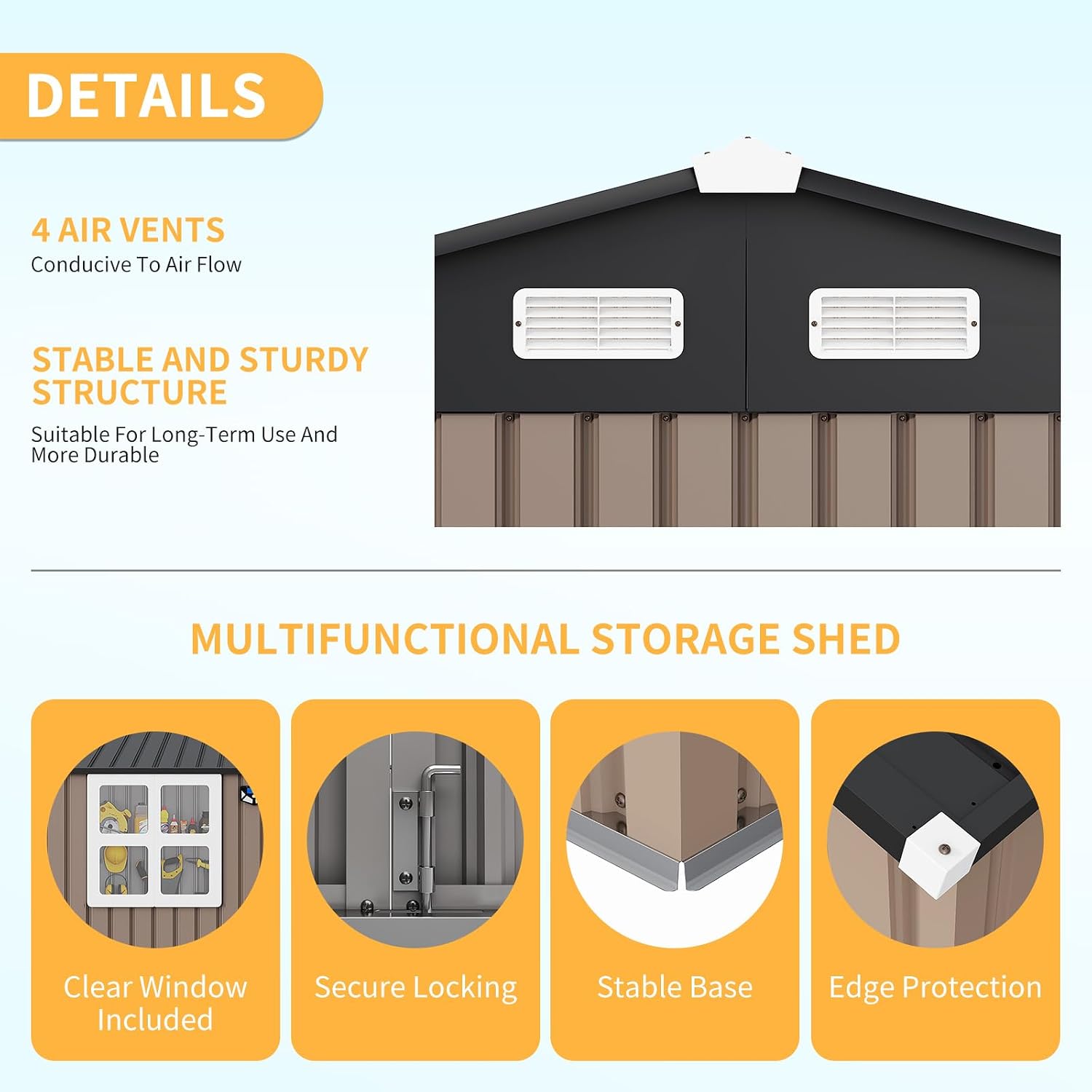10x8FT Outdoor Steel Storage Shed with Clear Window, Lockable Doors, Weather-Resistant Metal Tool Shed for Garden, Backyard, Patio, and Utility Storage,Brown