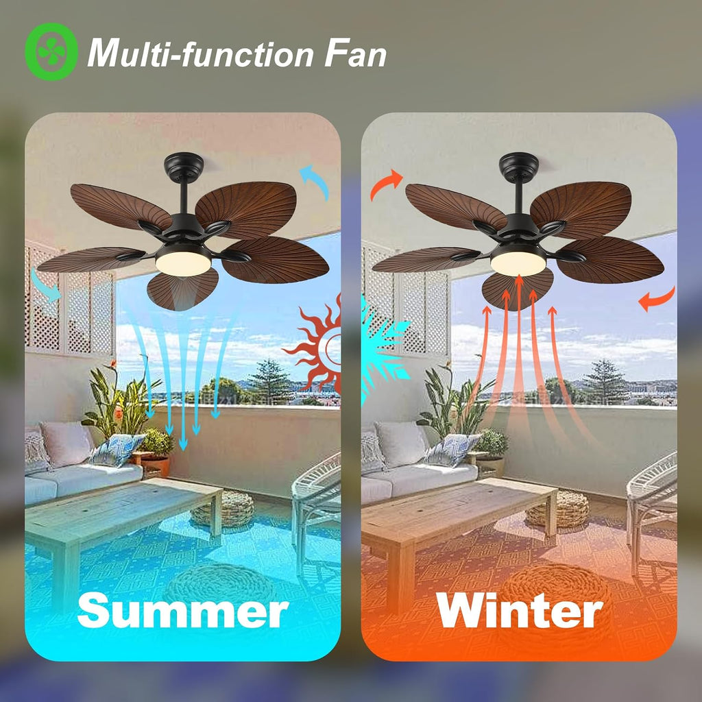 42-INCH Tropical Outdoor Ceiling Fan with Dimmable LED Light & Remote - Damp-Rated Palm Leaf Blades | Ultra Quiet DC Motor | 6 Speeds ideal for Patio Gazebo