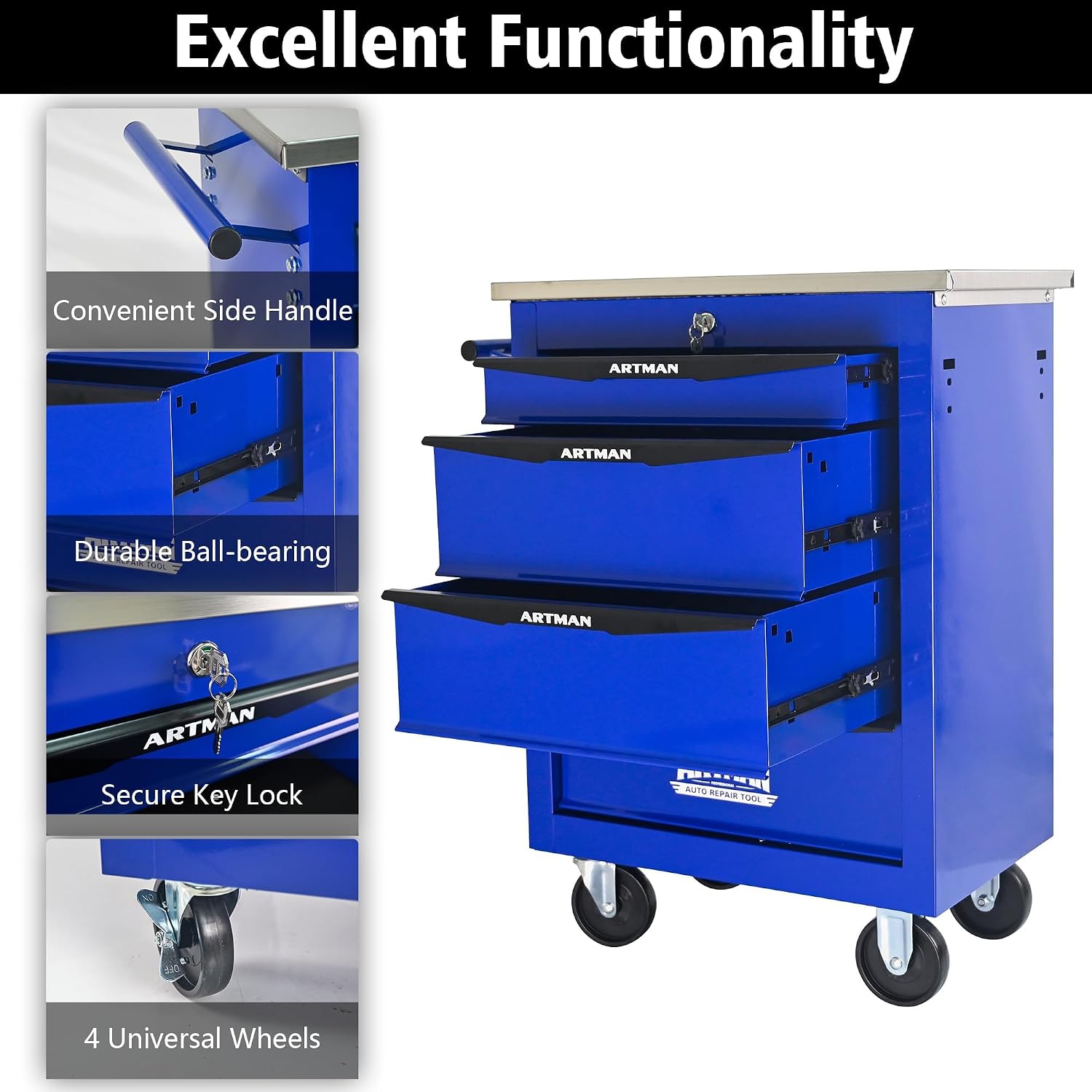 4-Drawer Heavy-Duty Rolling Tool Chest with Wheels & Steel Roof, Lockable Tool Chest Storage Cabinet for Garage, Workshop, Warehouse, and Repair Shop