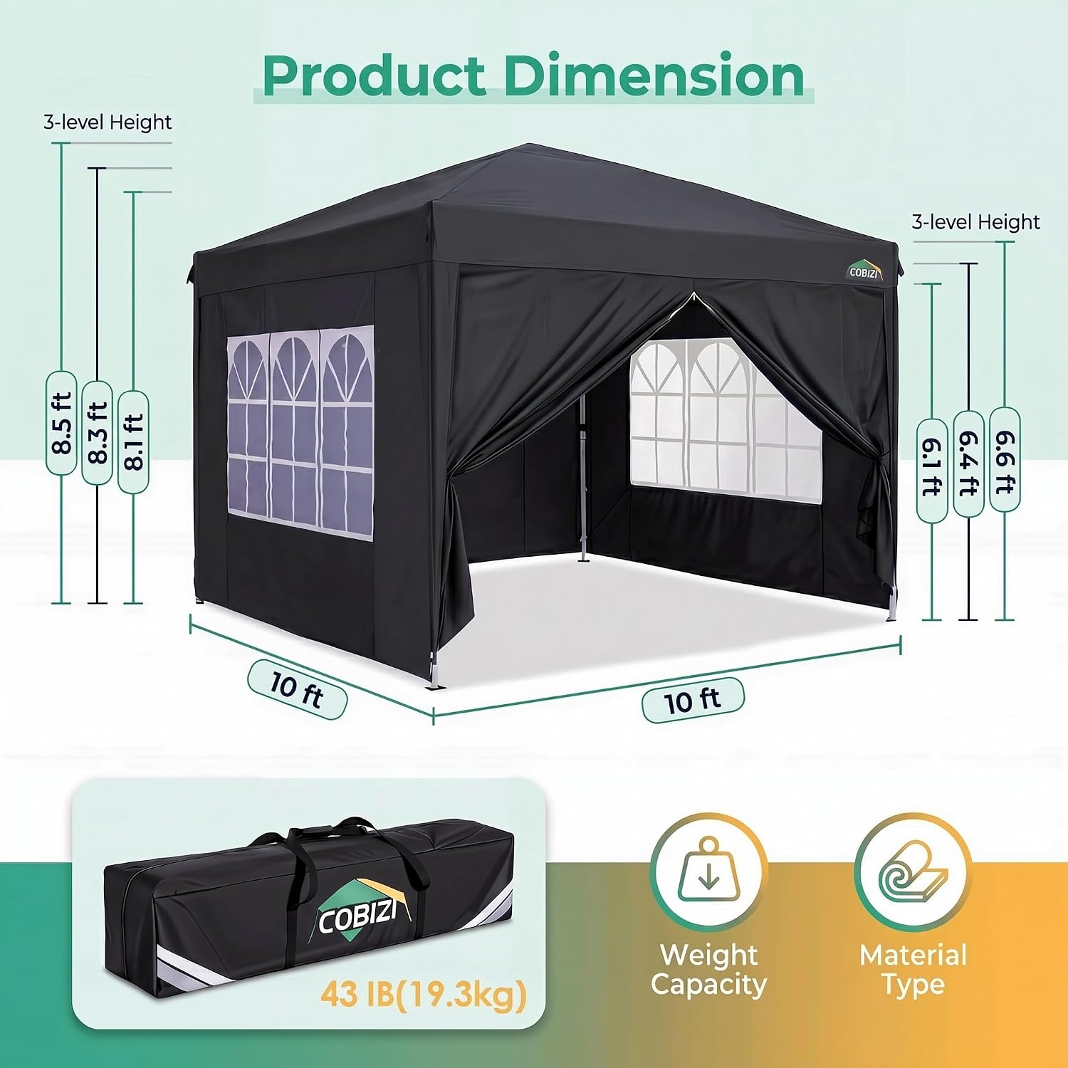 COBIZI 10x10 Pop up Canopy Tent, 10 by 10 Easy Setup Pop up Gazebo with 4 Sidewalls & Center Lock, Small Portable Instant Waterproof Outdoor Tent Canopy for Patio Backyard Vendor Event Sports (Black)