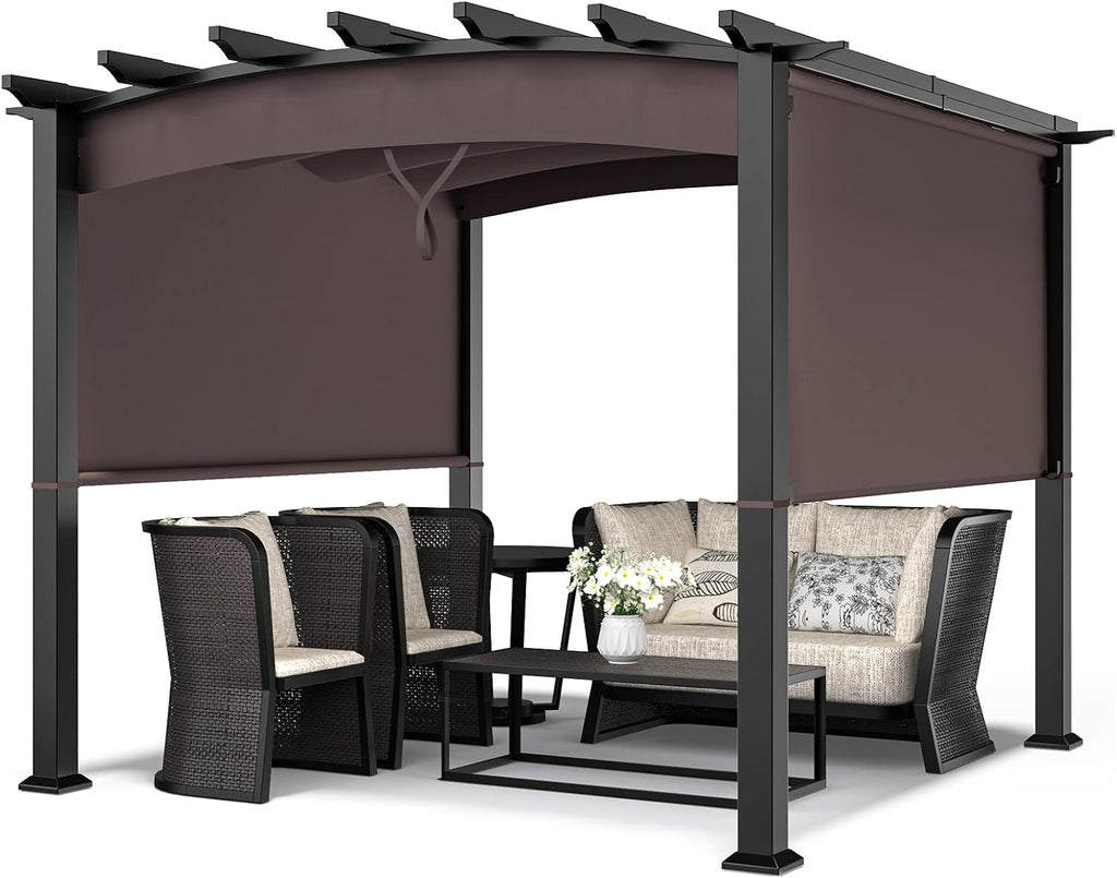 Tangkula 10ft x 10ft Outdoor Retractable Pergola, Patio Metal Pergola with Adjustable Sliding Sun Shade Canopy, Heavy-Duty Steel Frame, Patio Furniture Shelter for Backyard Garden Poolside (Brown)