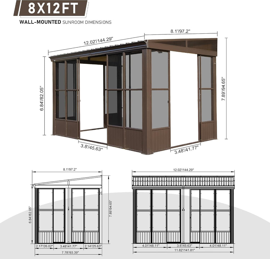 Domi 8x12FT Sun Room, Wall Mounted Gazebo Solarium with Galvanized Steel Sloping Roof, Moveable PC Screen, Front Door & 2 Side Entrance, Outdoor Aluminum Lean-to Sunroom for Patio Deck