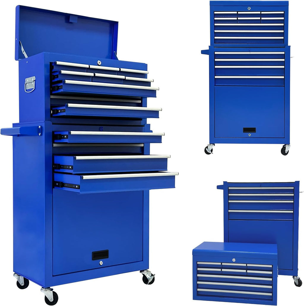 13 Drawer Tool Chest,Toolbox with Wheels, Rolling Tool Cabinets with Drawers, Top Detachable Tool Chest with Hooks Handles for Workshop Mechanical Garage - Blue