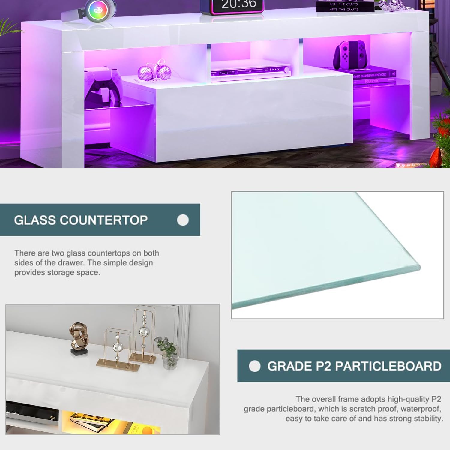 HOUAGI LED TV Stand for 32-55 Inch TV,Modern High Gloss Entertainment Center w/Storage Drawer and Color Changing Lights Video Gaming,Movies,Home Decor White-2
