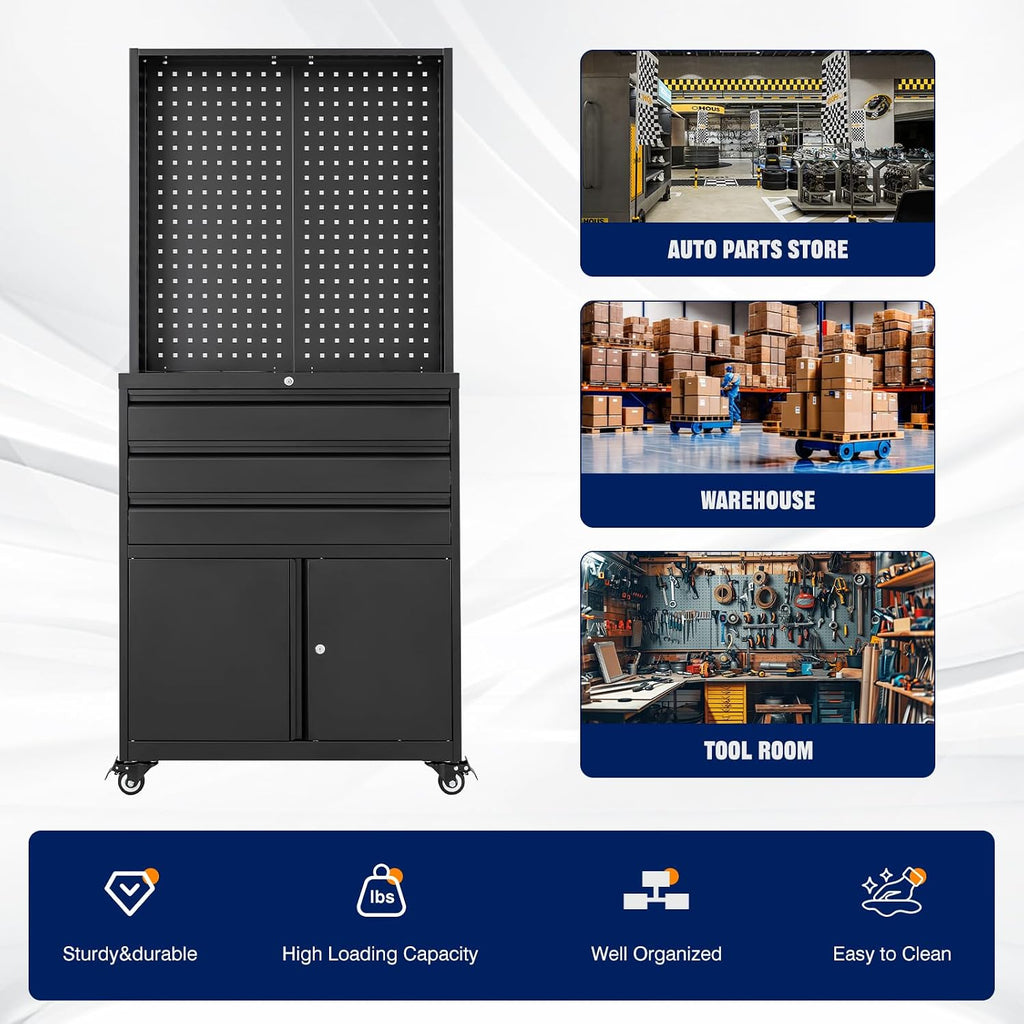 Yizosh Metal Garage Storage Cabinet with Wheels,3-Drawer Rolling Tool Cabinet with 2 Door and Adjustable Shelves,- 71' Steel Tool Cabinet for Warehouse,Garage,Workshop
