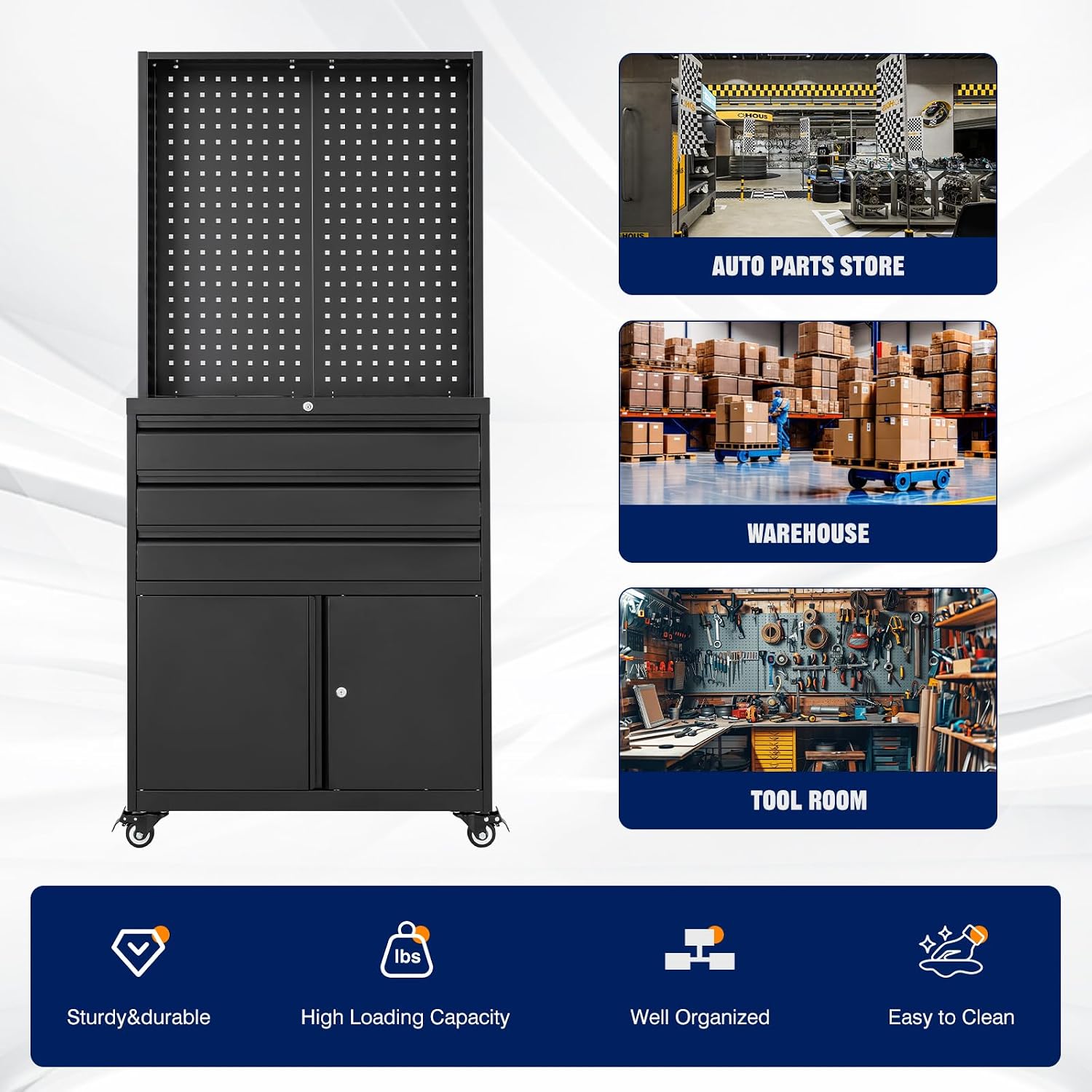 Yizosh Metal Garage Storage Cabinet with Wheels,3-Drawer Rolling Tool Cabinet with 2 Door and Adjustable Shelves,- 71' Steel Tool Cabinet for Warehouse,Garage,Workshop