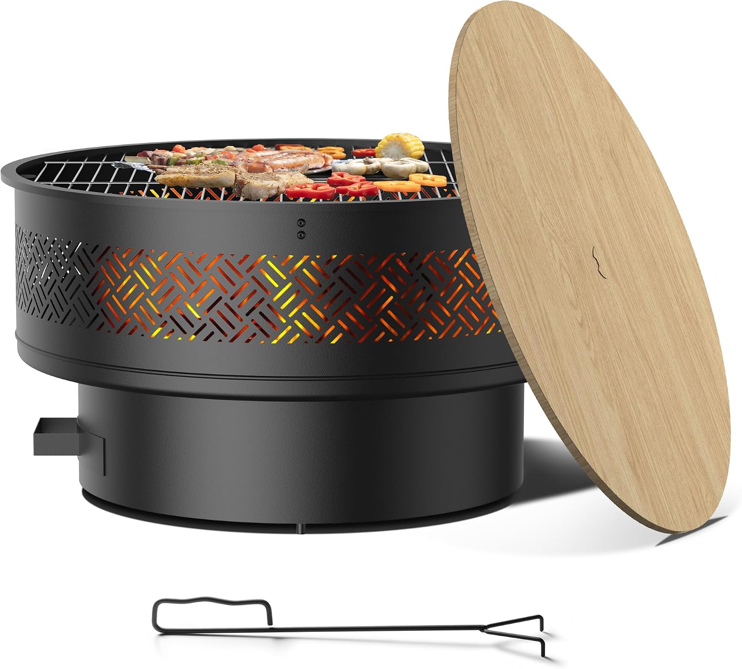 32' Fire Pits with Cooking Grill, Outdoor Fire Pit with Lid & Fire Poker, Fire Pit Table for Outside Wood Burning Firepit Round Heavy Duty Firepit for BBQ, Table, Picnic, Camping, Bonfire Party