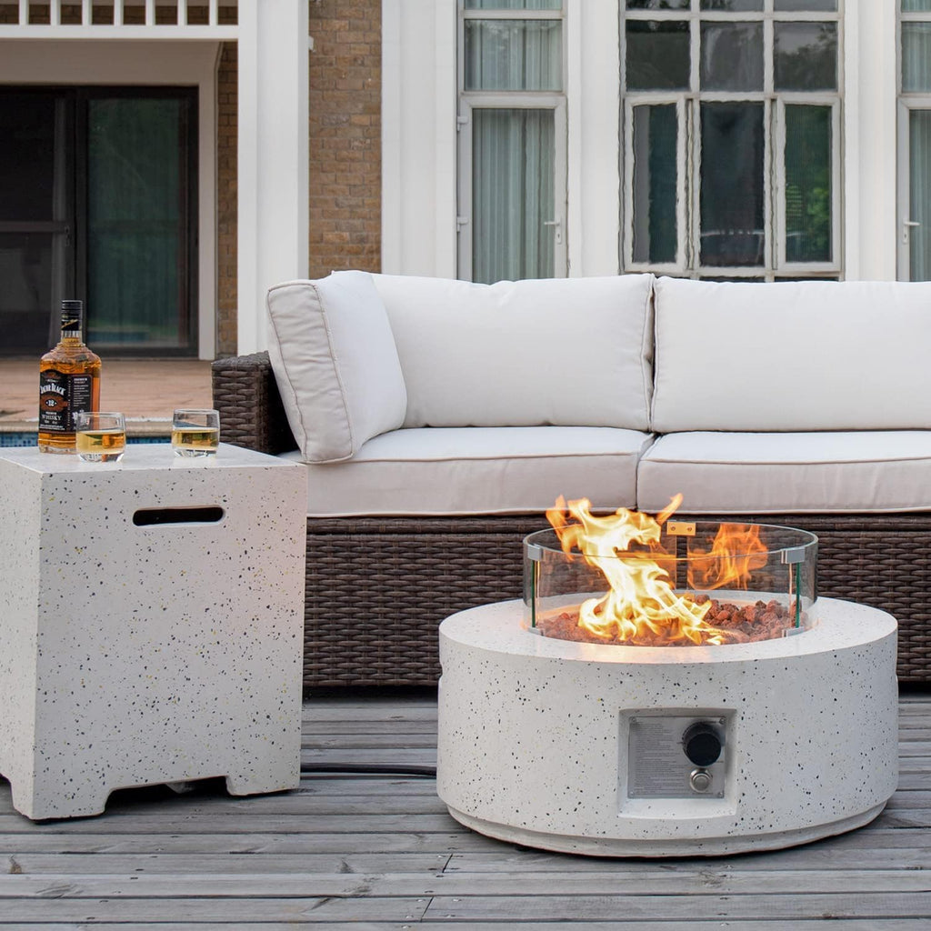 COSIEST 2-Piece Outdoor Propane Fire Pit Table Set w Tank Table, 28' Terrazzo Round Fire Table (Certified, 40,000 BTU) w 16' Tank Cover Side Table 20lb, Wind Guard, Rain Cover for Garden, Pool