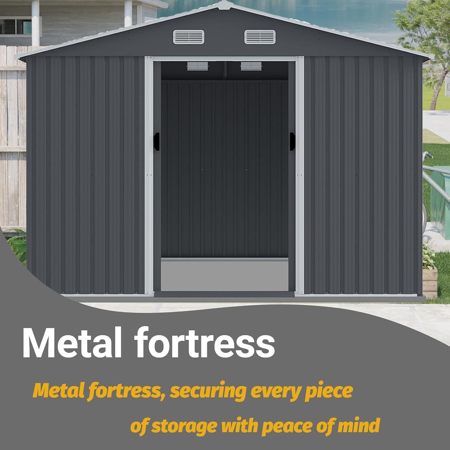 Shed with Windows,Large Metal Outdoor Storage Shed, Lockable Tool Storage shed, Steel Garden shed, Suitable for Backyard, Terrace, and Poolside (Grey, 8FTx10FT)