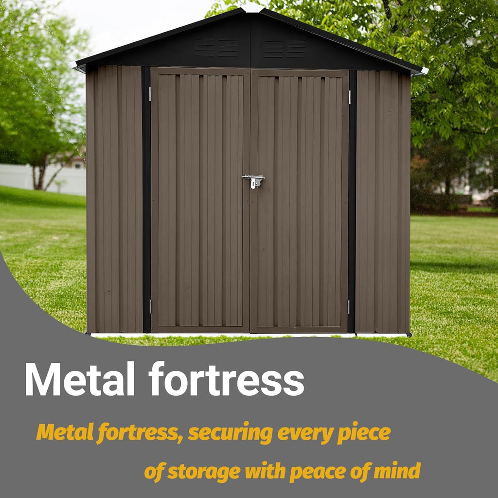 Shed with Windows,Large Metal Outdoor Storage Shed, Lockable Tool Storage shed, Steel Garden shed, Suitable for Backyard, Terrace, and Poolside (Roof Brown+Black, 6FTx4FT)