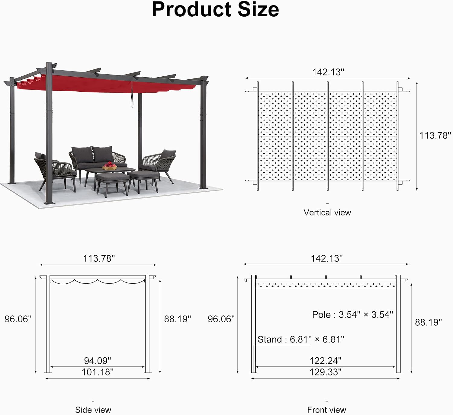 PURPLE LEAF 10' X 12' Outdoor Retractable Pergola with Sun Shade Canopy Patio Metal Shelter for Garden Porch Beach Pavilion Grill Gazebo Modern Yard Grape Trellis Pergola, Terra