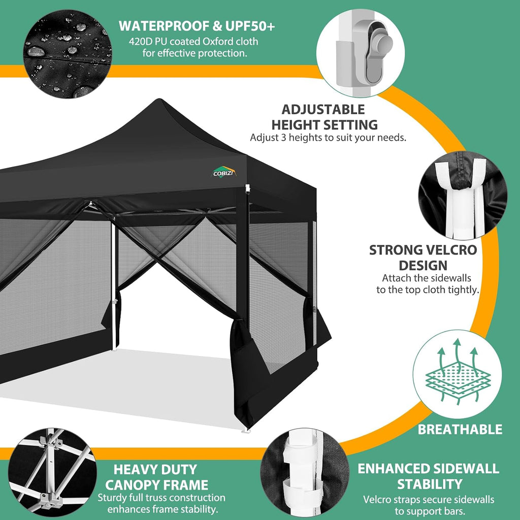 COBIZI 10x10 Canopy Tent with 4 Sidewalls,Heavy Duty Pop up Canopy with Mosquito Netting,Easy up Screen Tent for Parties Wedding Outdoor Camping with Handbag,Black