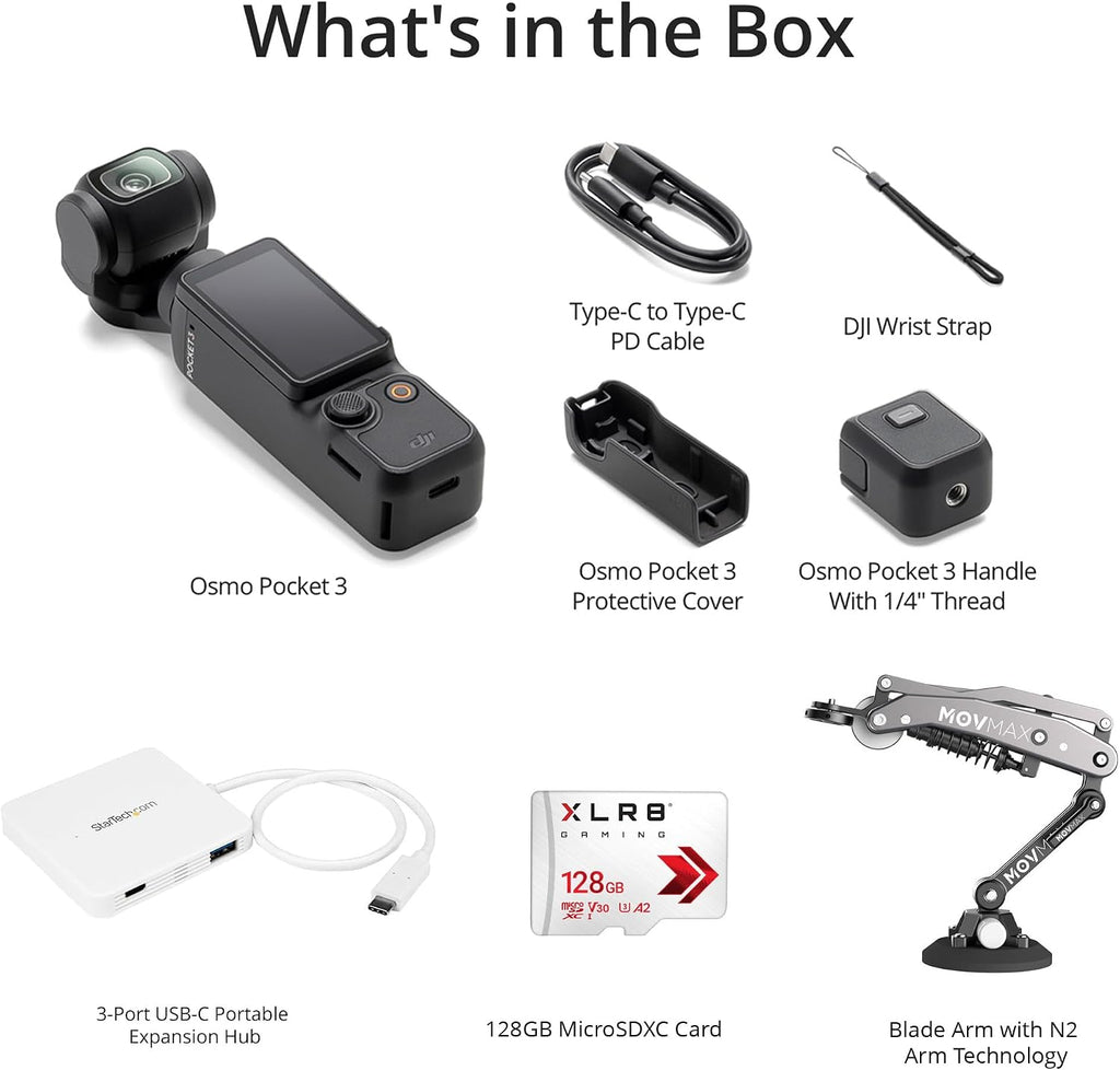 DJI Osmo Pocket 3 Bundle with Blade Arm for DJI Pocket 3, Insta 360, and GoPro Hero 12 Cameras, 128GB Gaming A2 MicroSDXC Flash Memory Card, and 3-Port USB-C Portable Expansion Hub (White) (4 Items)