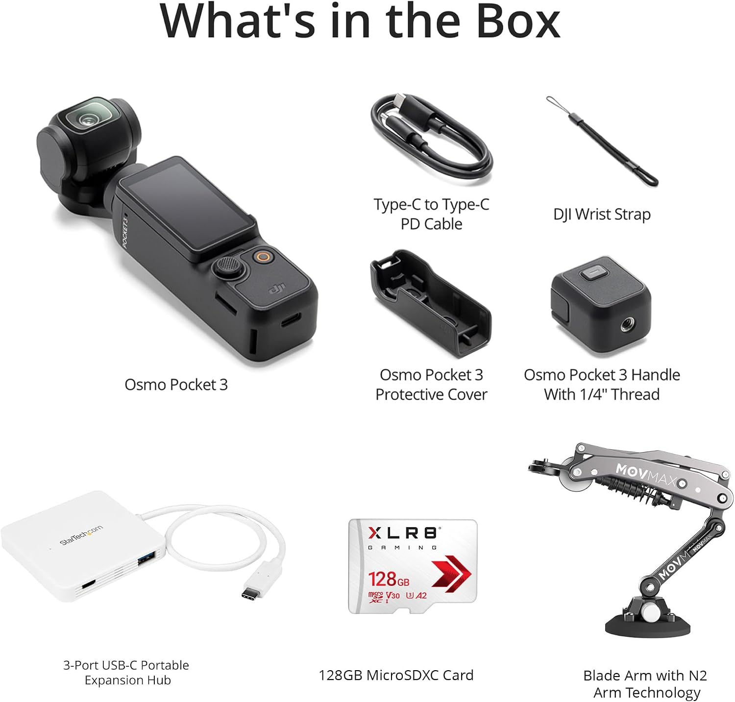 DJI Osmo Pocket 3 Bundle with Blade Arm for DJI Pocket 3, Insta 360, and GoPro Hero 12 Cameras, 128GB Gaming A2 MicroSDXC Flash Memory Card, and 3-Port USB-C Portable Expansion Hub (White) (4 Items)