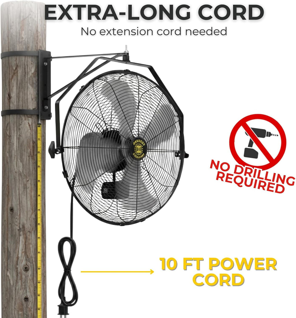 ZeboZap Walll and Pillar Mount Fan18 Inch IP44 Waterproof, 10ft Power Cord, 3 Speed, 4000CFM, Best for Commercial, Warehouse, Greenhouse, Workshop, Covered Patio, Gazebo and Factory, ETL Certified