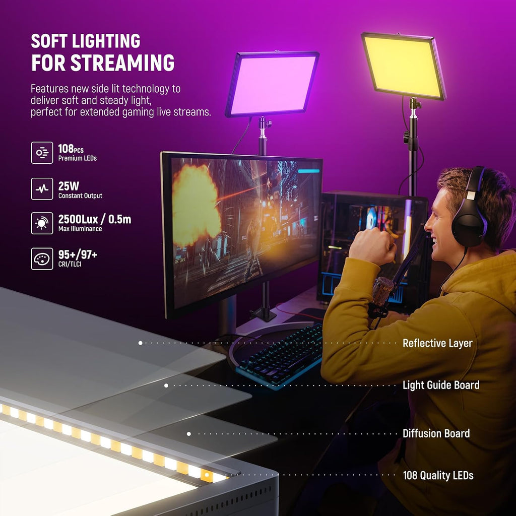 NEEWER GL25C LED RGB Streaming Key Light, APP/PC Control 25W 2500Lux/0.5m 2900K-7000K CRI95+/TLCI97+ Full RGB Dimmable Edge Emitting Silent Webcam Video Light with Desk Stand