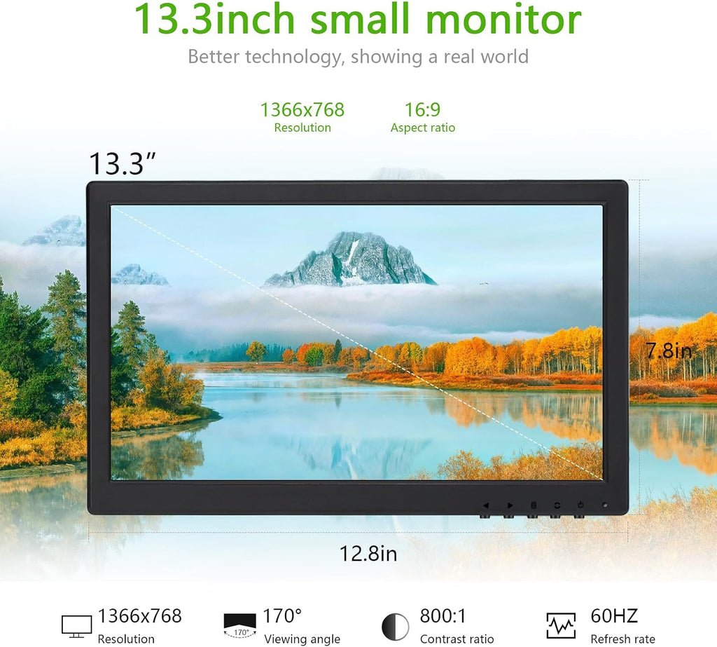 OSCY 13.3 Inch Small Monitor Support HDMI/VGA/USB/BNC/AV Mini Monitor 1366x768 for CCTV Raspi PC Gaming TV, with Remote Control and Built in Dual Speaker