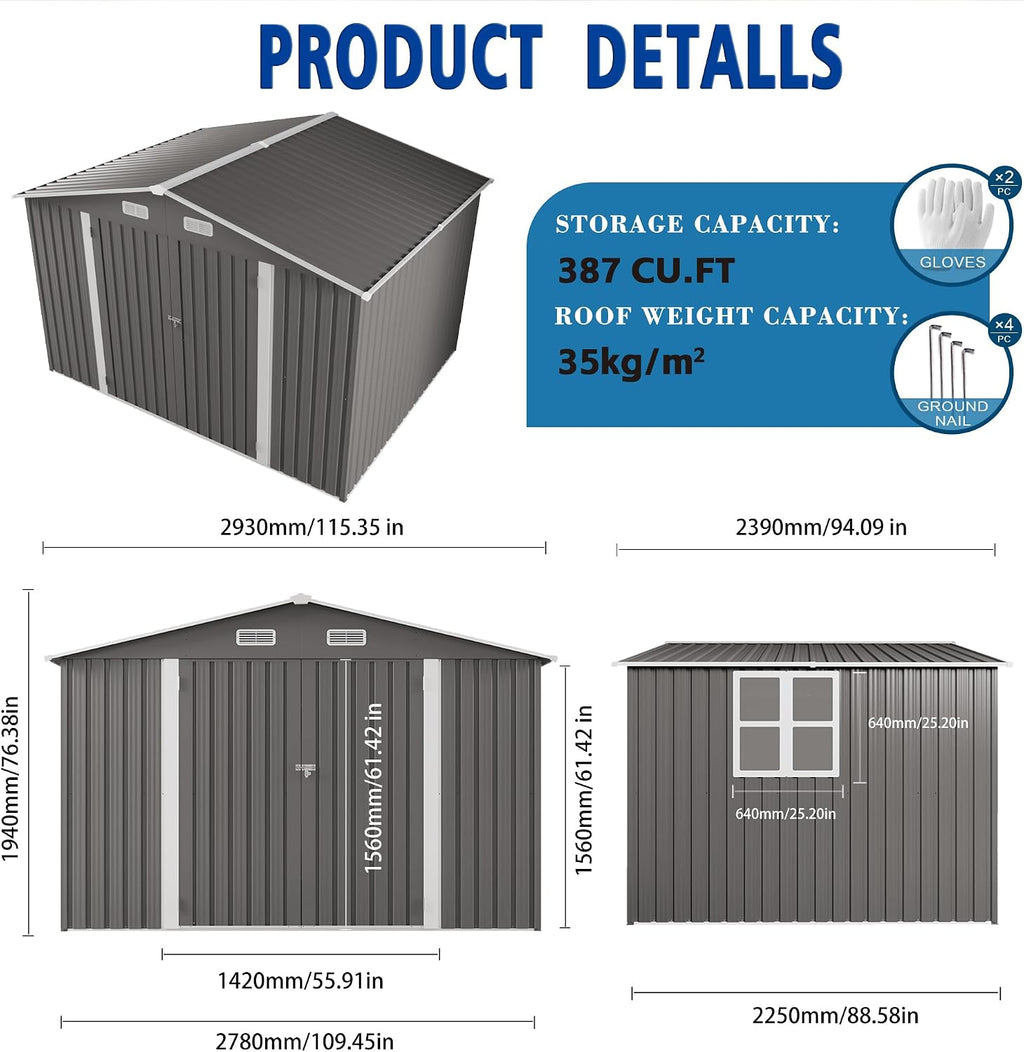 10x8 FT Outdoor Metal Storage Shed, Large Garden Backyard Tool Shed with Lockable Door, Windows and Vents, Multi-Purpose Outside Bike Storage Sheds for Patio, Lawn, Poolside, Motorcycle, Gray