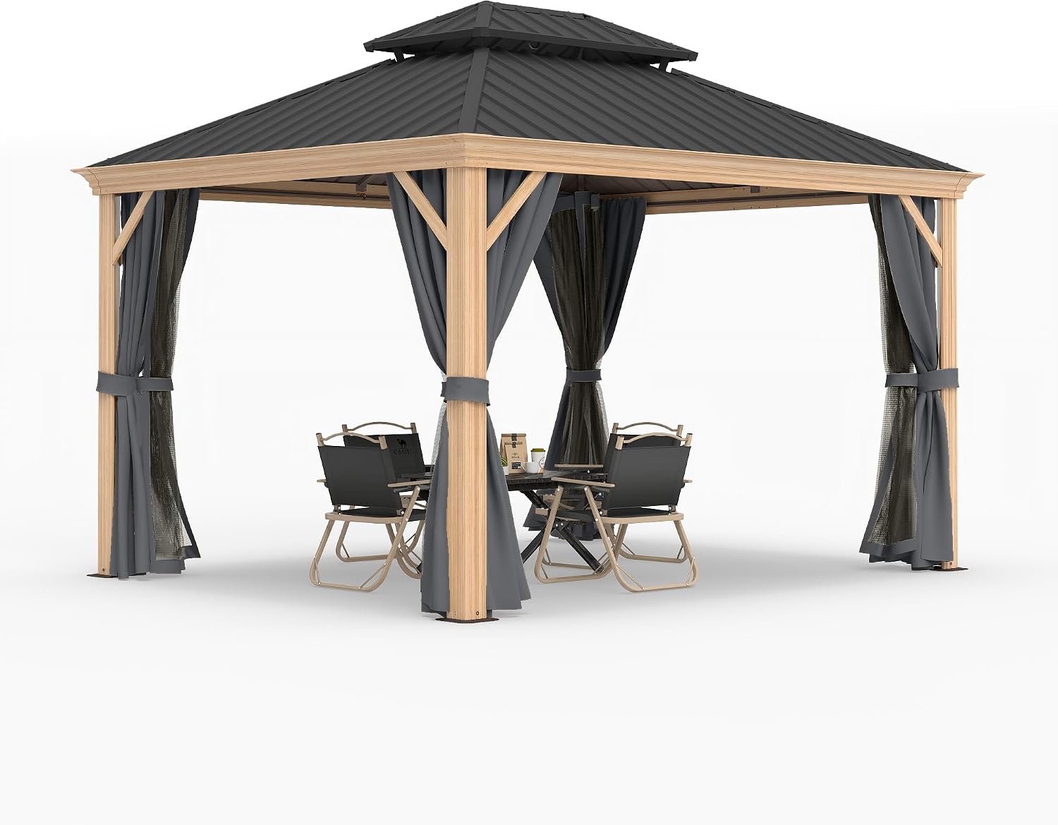 HAPPATIO 10' x 12' Hardtop Gazebo Outdoor, Wood Grain Aluminum Frame with Double Galvanized Steel Roof，Patio Gazebo Canopy with Netting and Curtains for Patio, Lawns, Deck, Backyard (Grey)