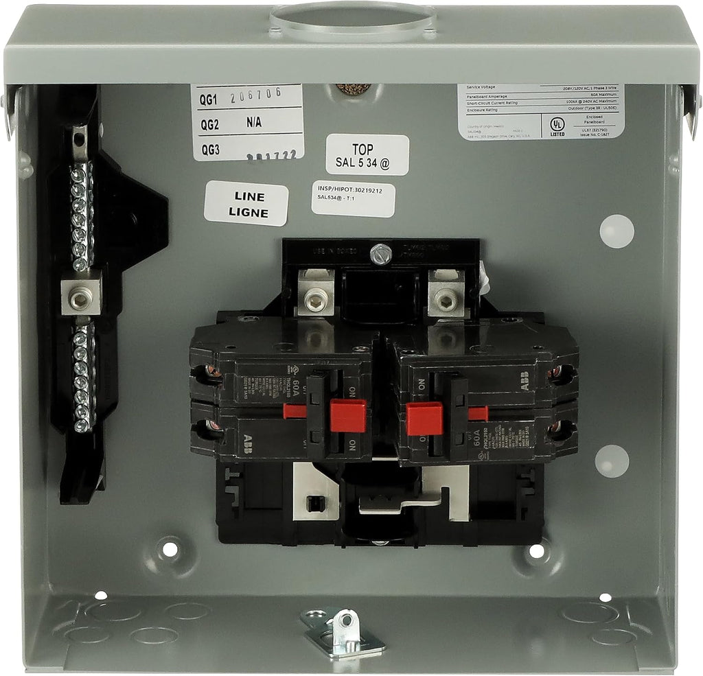 ABB TMQ860RCUGEN 60A Dual Main Breaker Generator Panel • 8-Space, Copper Bus • 1-Phase, 120/240V AC, 22 kAIC Interrupt • Outdoor NEMA 3R Surface Mount • Manual Transfer Switch • 1 Phase, 3 Wire