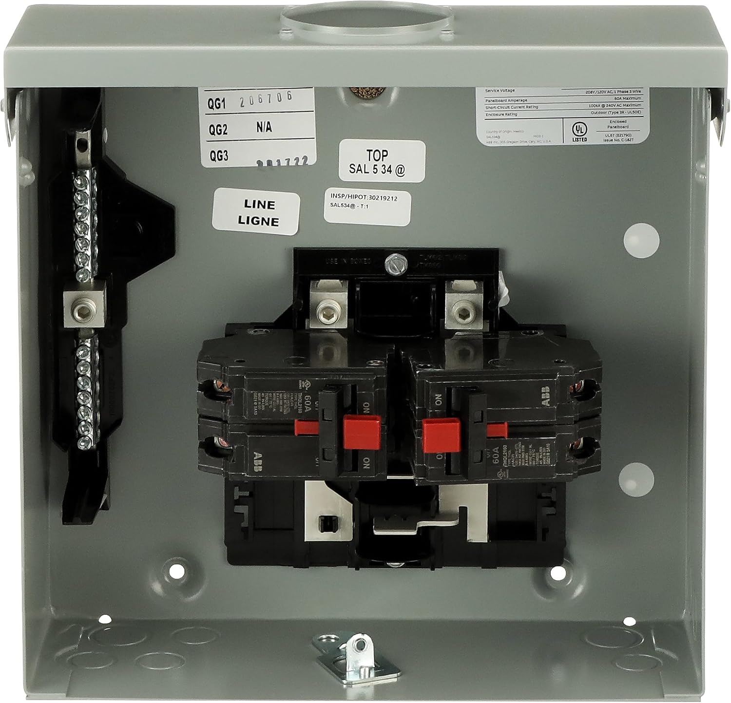 ABB TMQ860RCUGEN 60A Dual Main Breaker Generator Panel • 8-Space, Copper Bus • 1-Phase, 120/240V AC, 22 kAIC Interrupt • Outdoor NEMA 3R Surface Mount • Manual Transfer Switch • 1 Phase, 3 Wire
