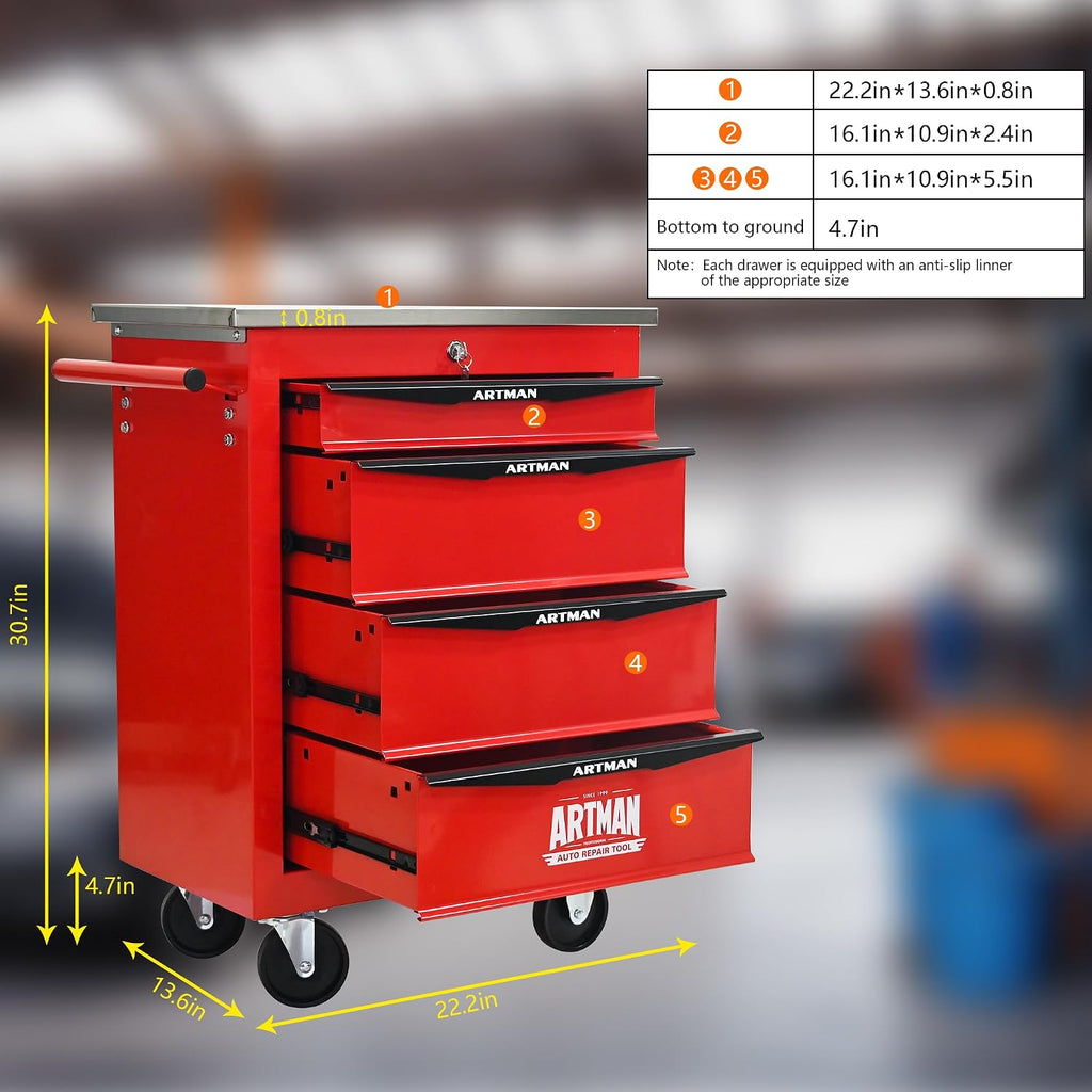 RYH 4/5/6/7 Drawers Rolling Tool Chest -Heavy Duty Mobile Metal Tool Box with Locking Wheels, with Stainless Steel Worktop, Garage Tool Storage Cabinet (Red, 4-Drawers 30.7' H×22.2' W)