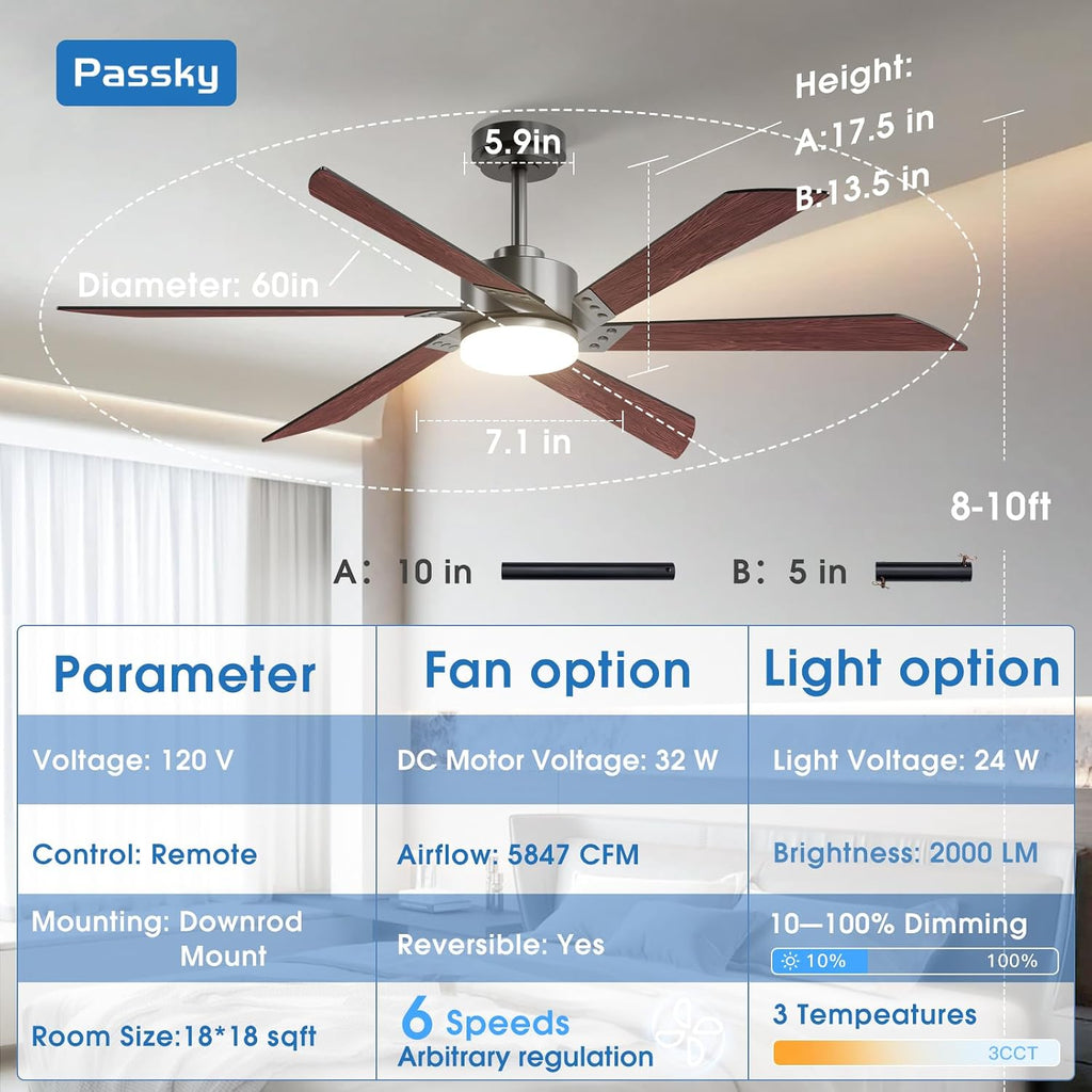 Passky Ceiling Fans with Lights, 60 inch Ceiling Fan with Light and Remote Control, 3CCT, Dimmable, Reversible, Noiseless, Black Contemporary Ceiling Fan for Bedroom, Living Room