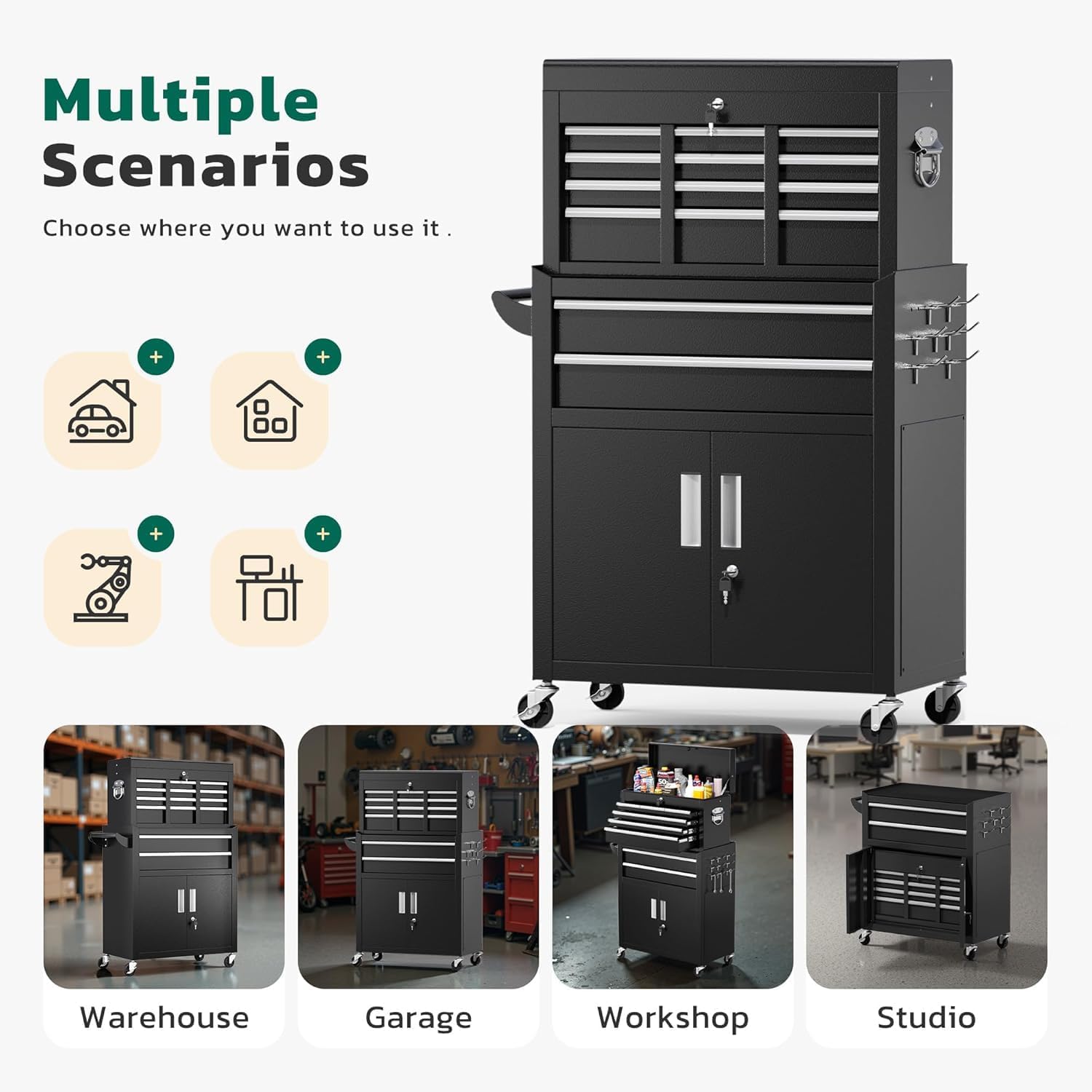 Greenvelly Tool Chest, 8-Drawer Rolling Tool Chest with Wheels, Detachable Top Tool Box, Assembled Tool Chest with Liner & Hooks, Rolling Tool Box for Garage, Workshop, Warehouse, Black