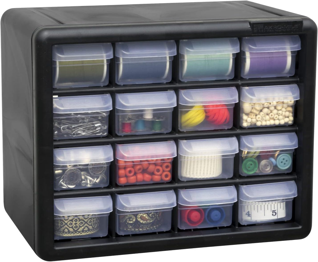 Akro-Mils 16-Drawer Plastic Cabinet for Garage Organization, Beads, Makeup Organizer, Building Bricks Storage, Teacher Toolbox, 10-1/2' W x 6-1/2' D x 8-1/2' H, 10716 Black (Pack of 4)
