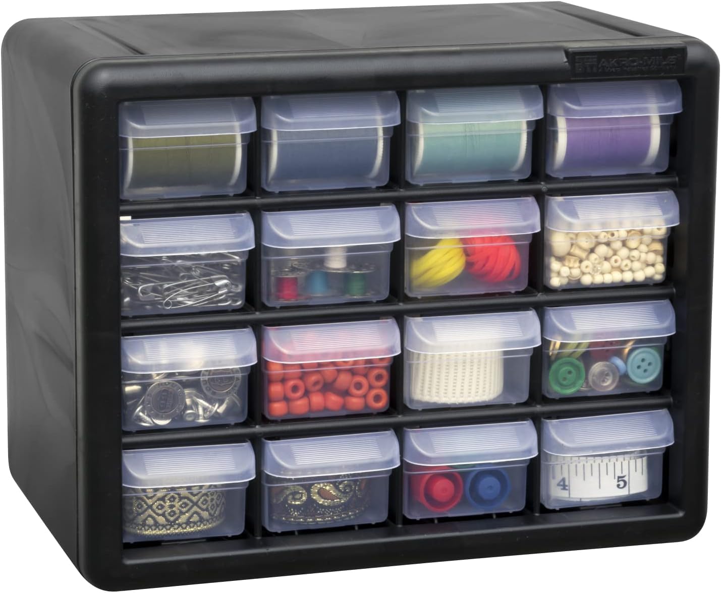 Akro-Mils 16-Drawer Plastic Cabinet for Garage Organization, Beads, Makeup Organizer, Building Bricks Storage, Teacher Toolbox, 10-1/2' W x 6-1/2' D x 8-1/2' H, 10716 Black (Pack of 4)
