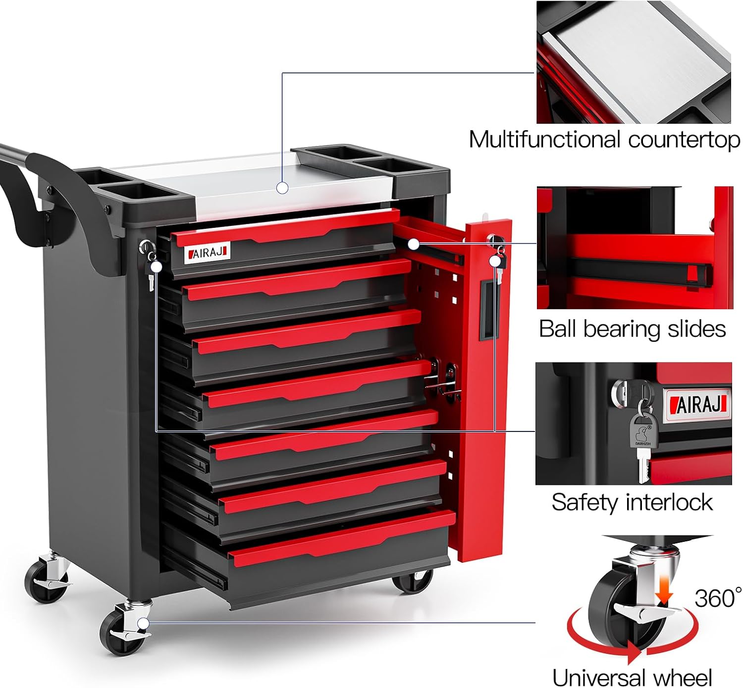 Tool Chest 7-Drawer | Rolling Tool Chest with Wheels/Side Drawer | Drawers Integrated Lockable | Tool Cart/Cabinet with Drawers for Garage Storage,Workshop | Safety Rounded Corner Anti-collision | Red
