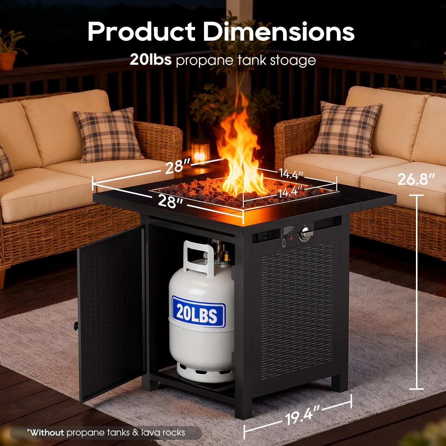 FDW 28-Inch Square Outdoor Propane Fire Pit Table, 50,000 BTU CSA Listed Gas Firepit with Lid & Lava Rock, Alloy Steel Patio Fire Pit Table for Patio Deck Garden