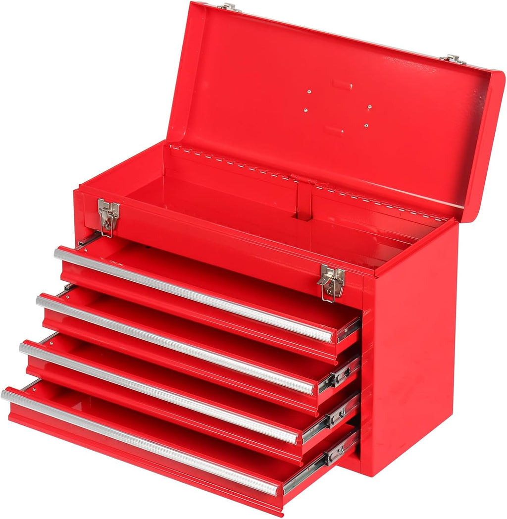Portable Metal Tool Box with 4 Drawers, Ball Bearing Slides, Lid Interlock Lock, Heavy Duty Steel Tool Chest Cabinet for Garage, Workshop, Home Tool Storage Organizer, Red(X4 Red)