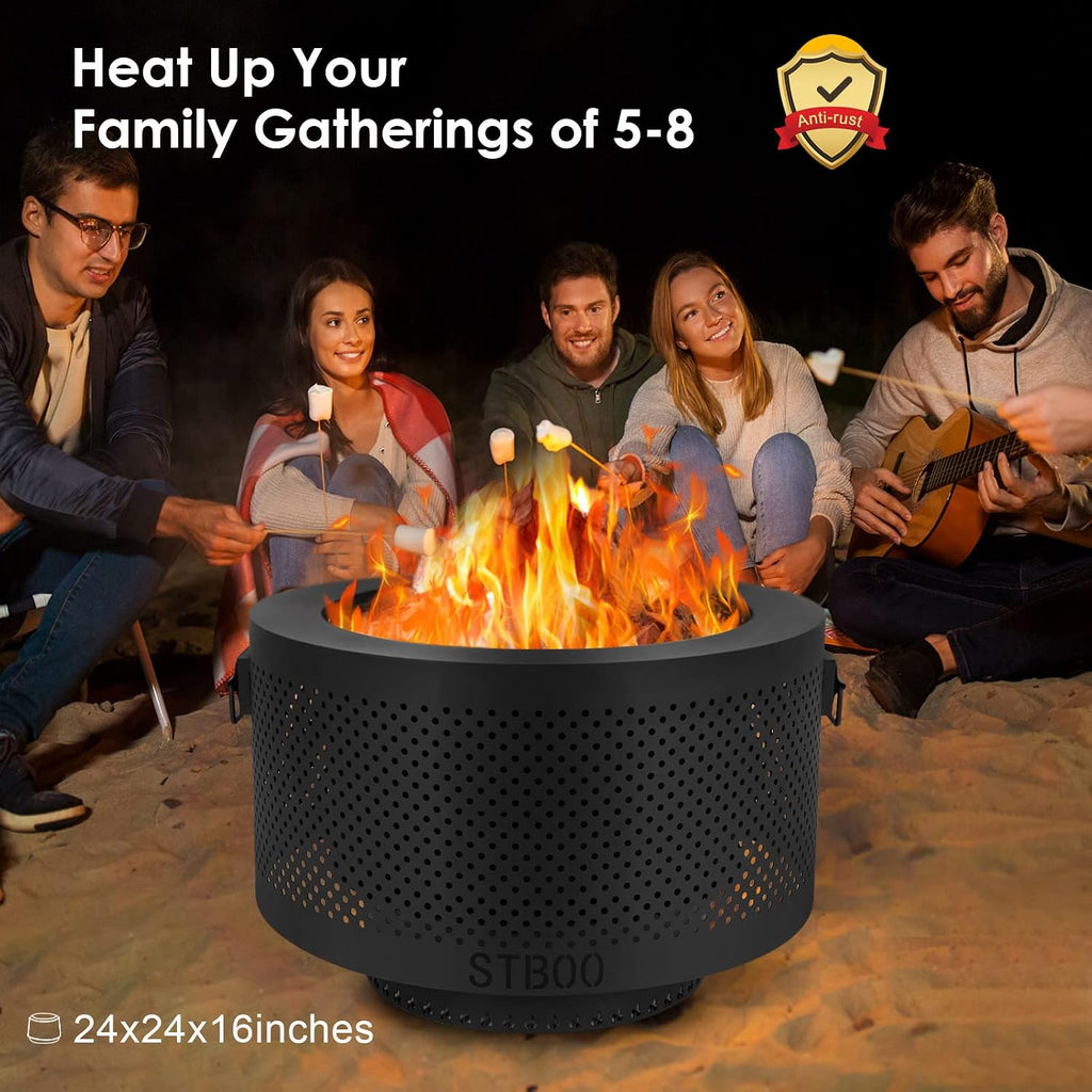 24 Inch Smokeless Fire Pits for Outside with Portable Carrying Storage Bag, Low Smoke Outdoor Fireplace for Bonfire Picnic Backyard on Beach, Black, XL